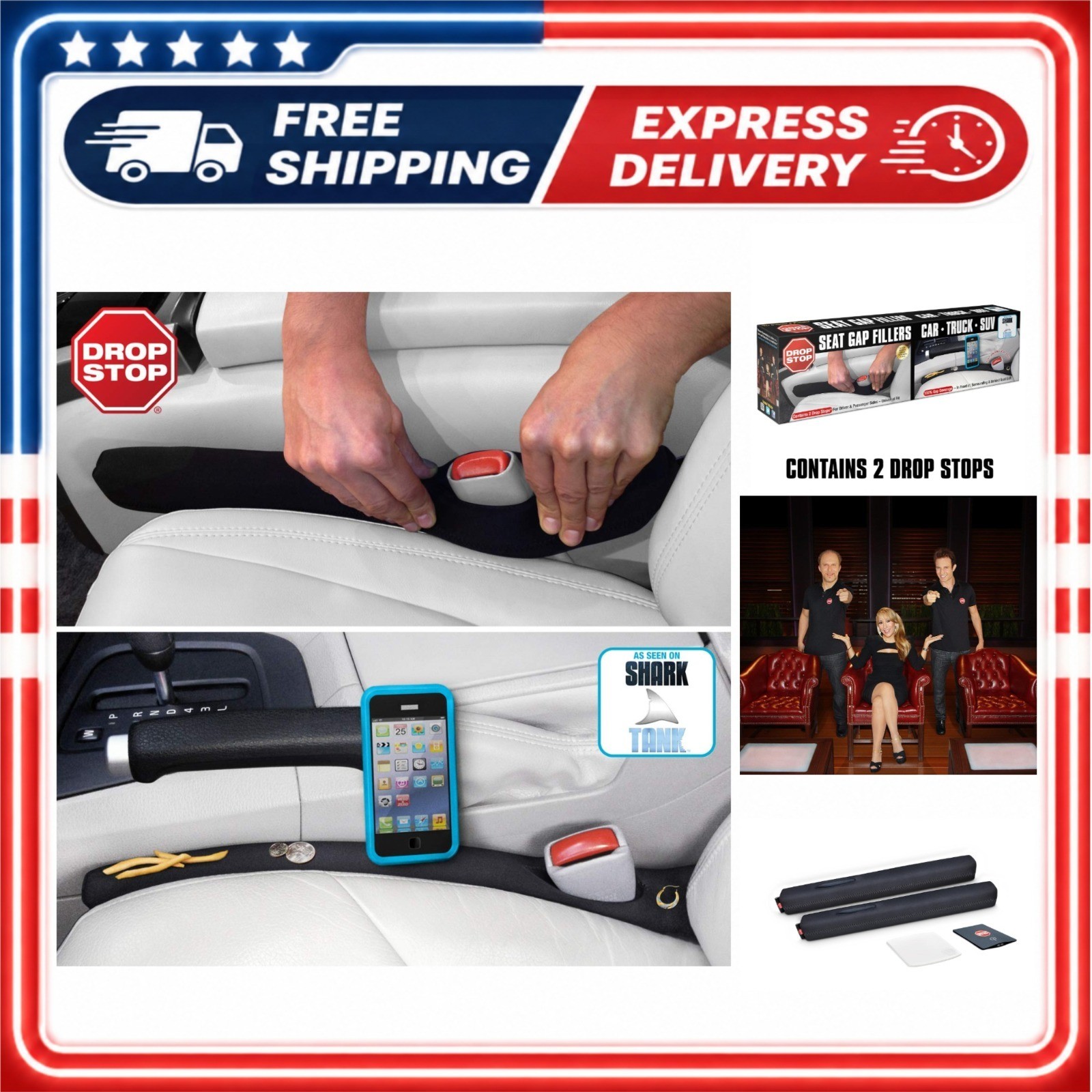 Drop Stop Car Seat Gap Filler 2 Pack Dash Pad LED Credit Card Light