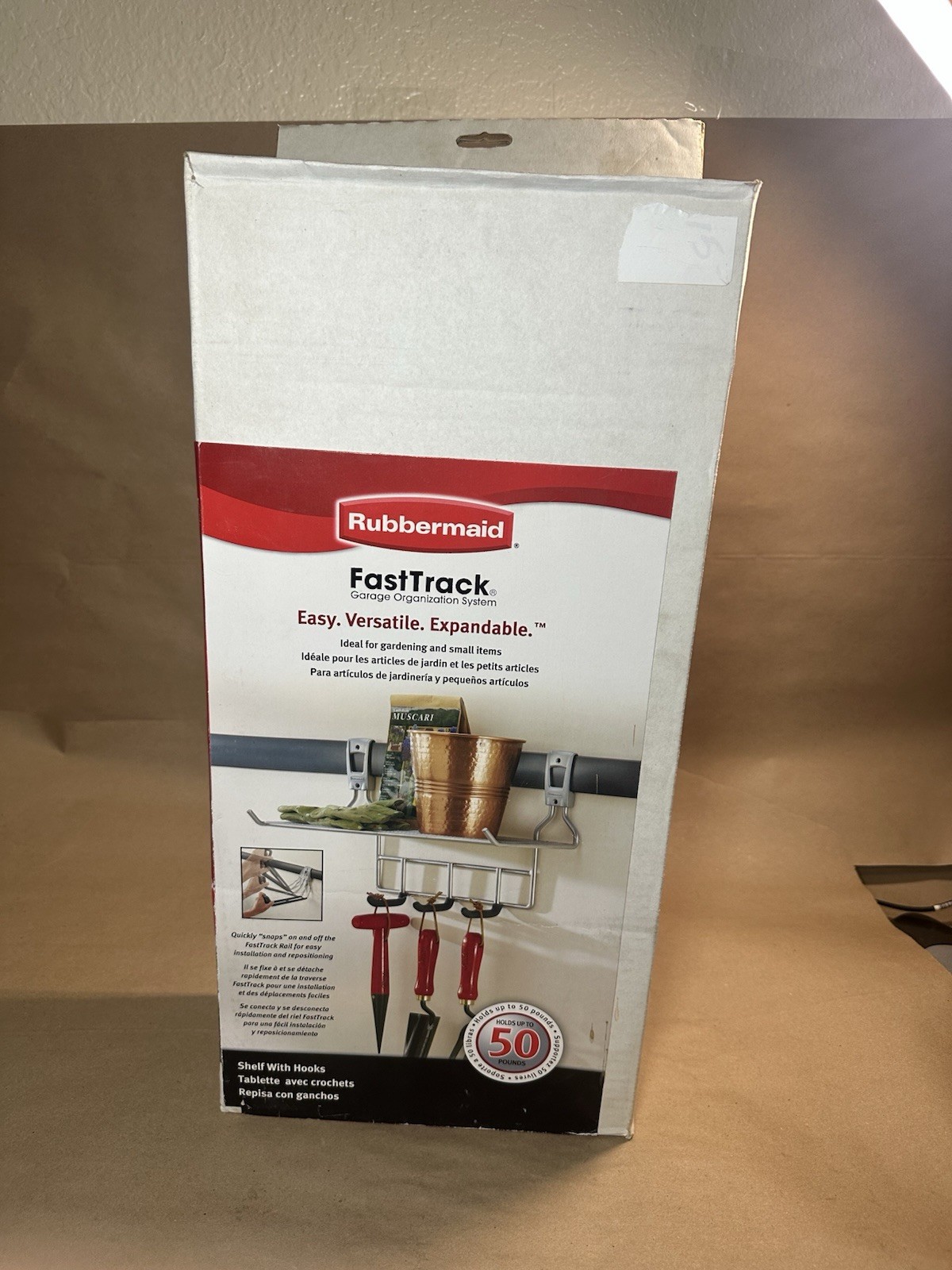 Rubbermaid FastTrack Garage Shelf w/ Hooks 5E15 Holds 50 lbs New Open Box Rare