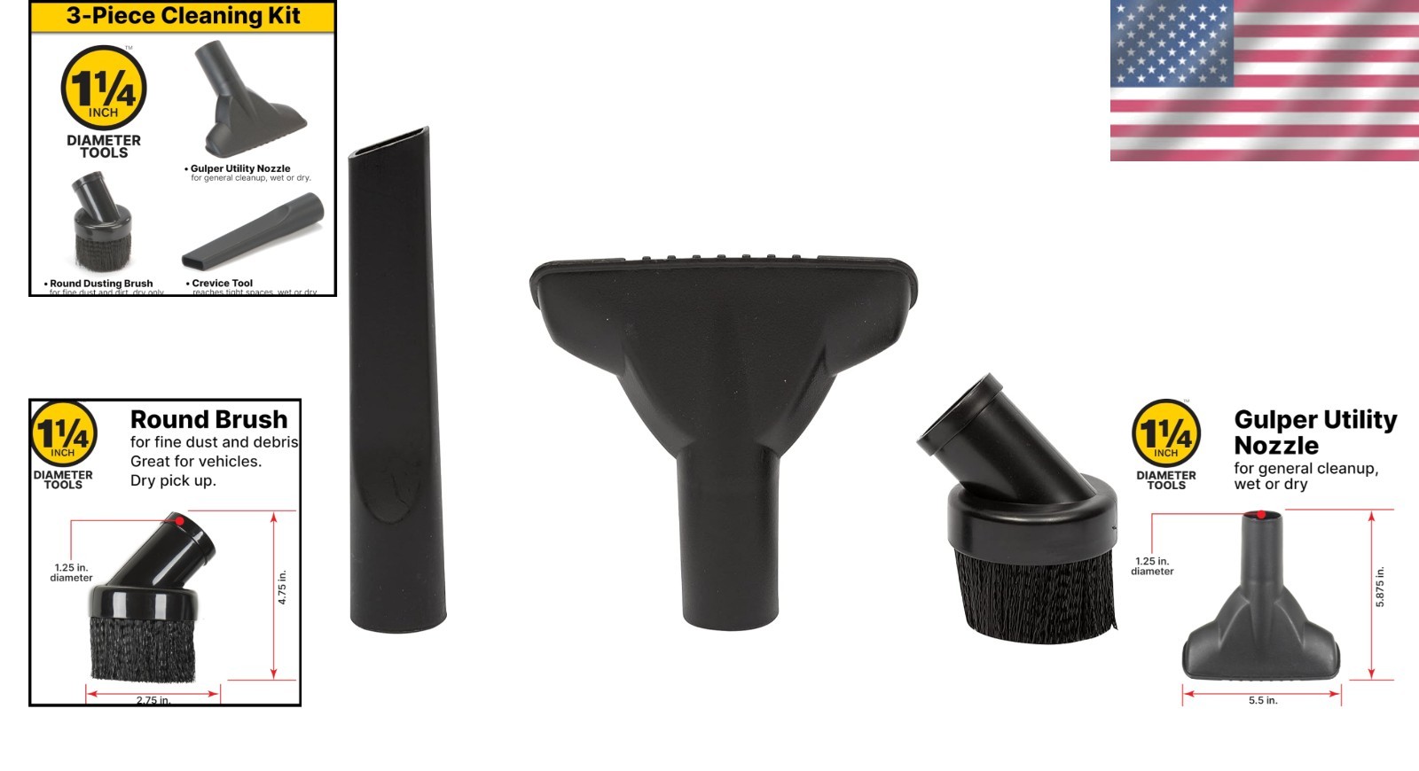 Effortless Cleaning: 1.25-Inch Kit with Brush, Crevice Tool & Gulper Nozzle