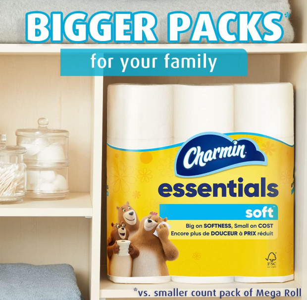 Charmin Essentials Soft Toilet Paper, 9 Mega Rolls = 36 Regular Rolls
