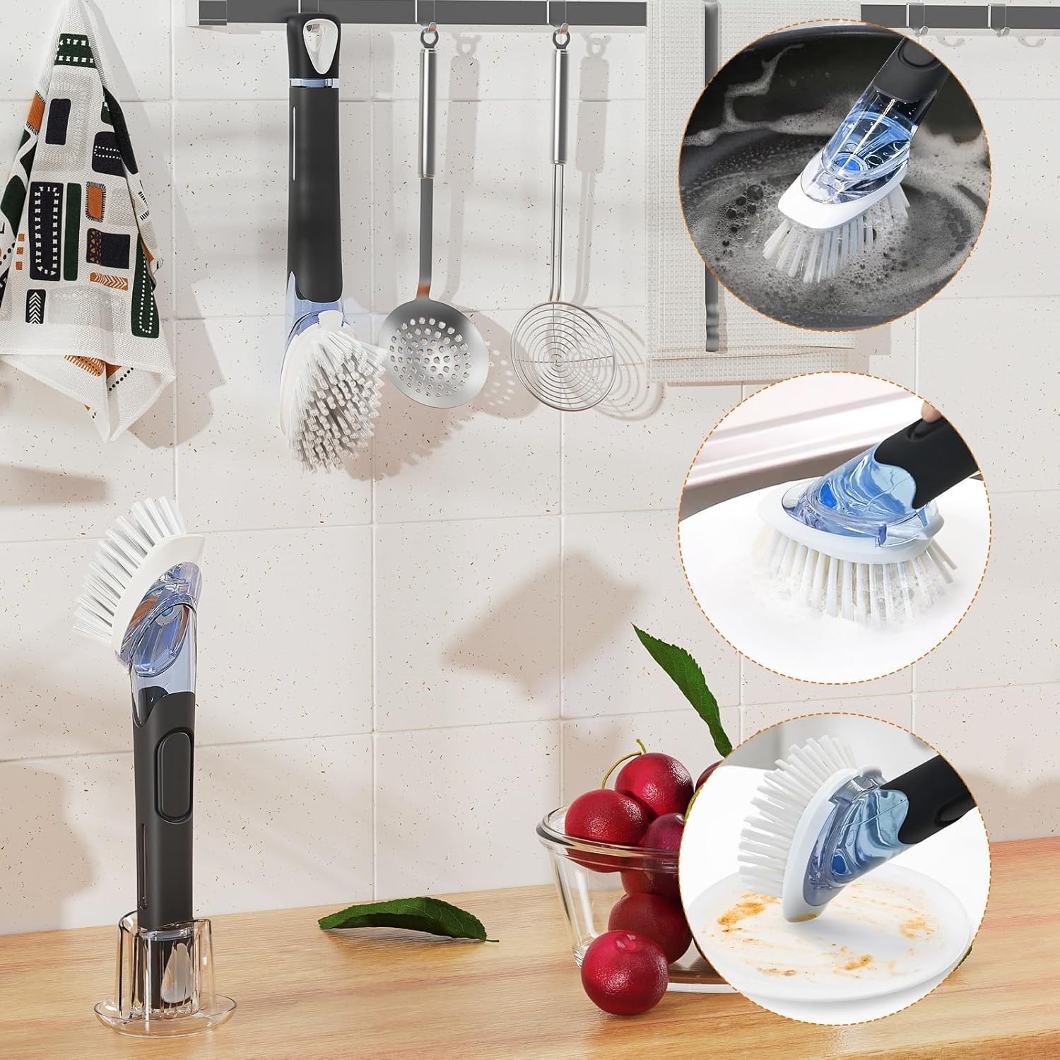 Soap Dispensing Replacement Dish Brush Storage Set with 2 PCS Brush Refills &…
