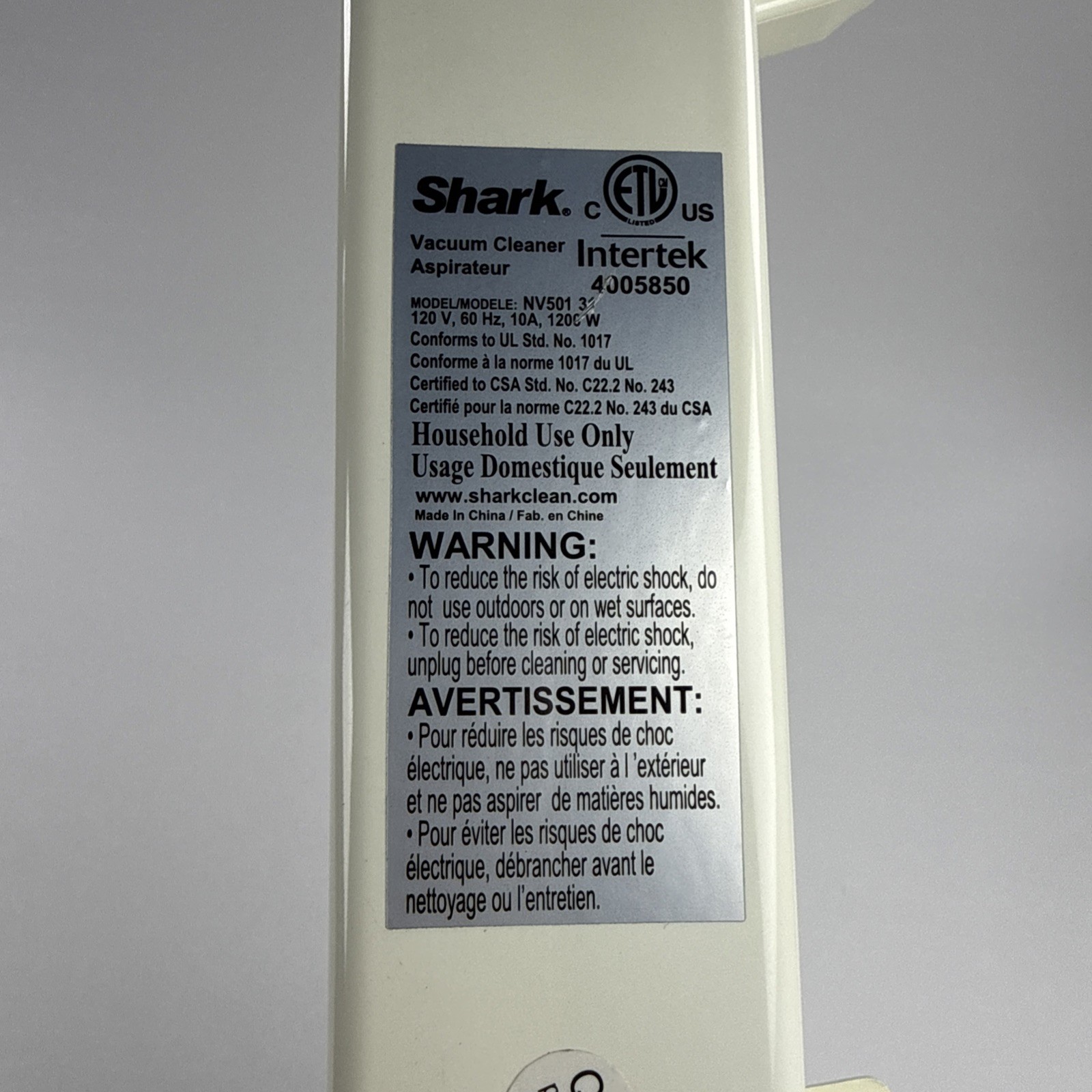 Shark Vacuum NV500 NV501 NV501 31 Intake Inlet Side Tube White