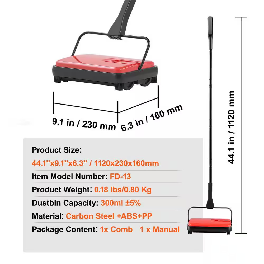 Carpet Sweeper Manual, Floor Sweeper with 300 Ml Dustbin Capacity Easy to Empty,