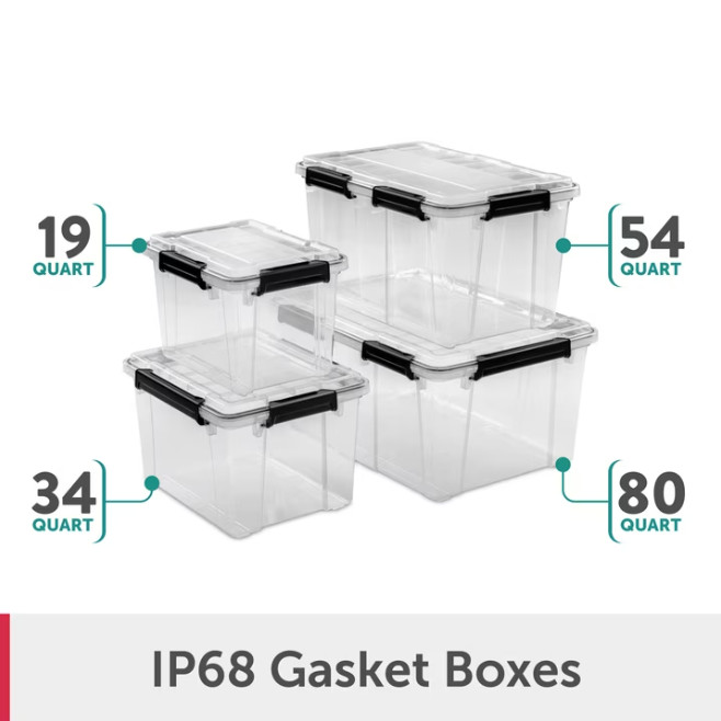 4 Pack Sterilite 34 Qt Gasket Storage Box Clear Plastic Bin w/ Lid Black
