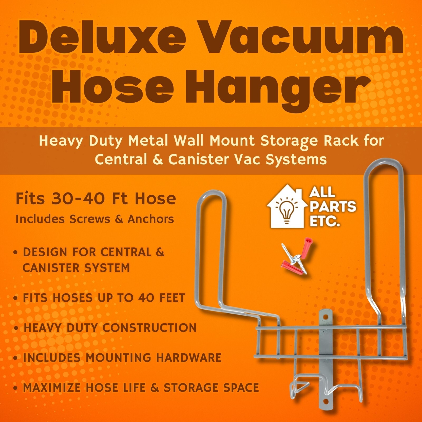 Metal Central Vacuum Hose Hanger Rack – Includes Mounting Screws Beam