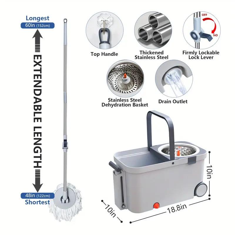 60″ Mop and Bucket Wringer Set Household Cleaning w/6PCS Mop Pads+1 Scrub Brush