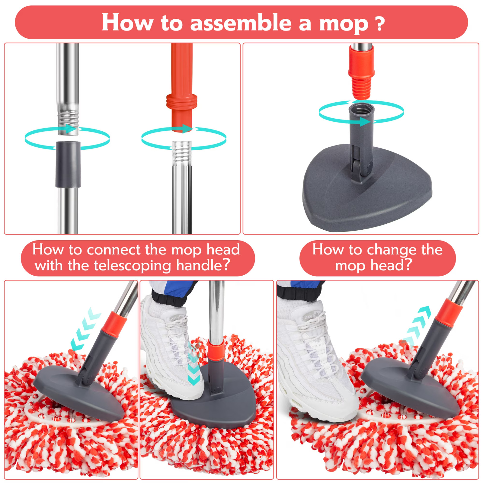 Rotating microfiber mop and bucket with foot-operated wringer.