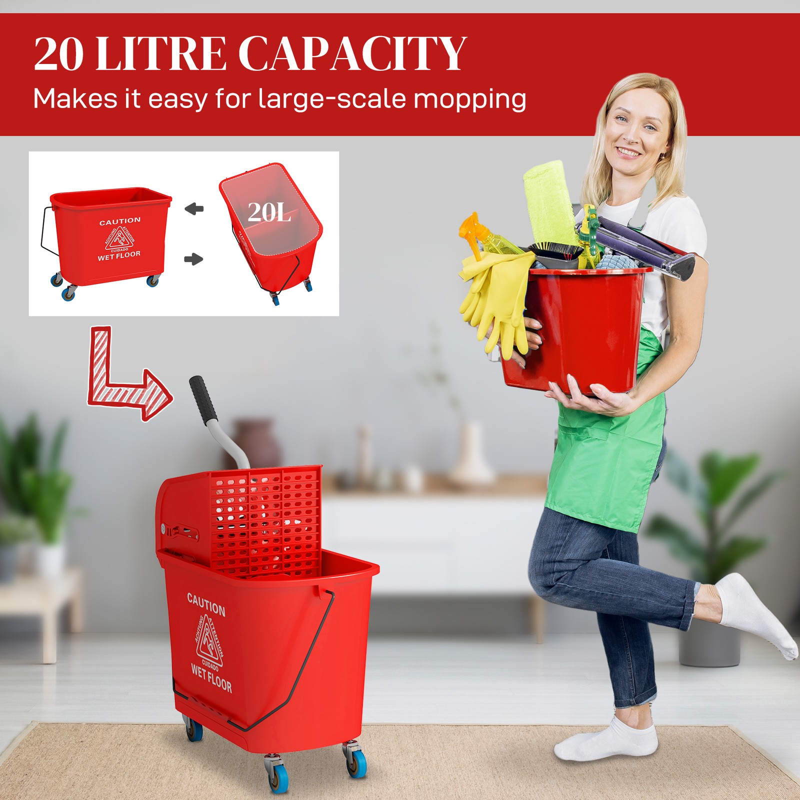 HOMCOM Mop Bucket with Wringer on Wheels for Floor Cleaning 21 Quart Red
