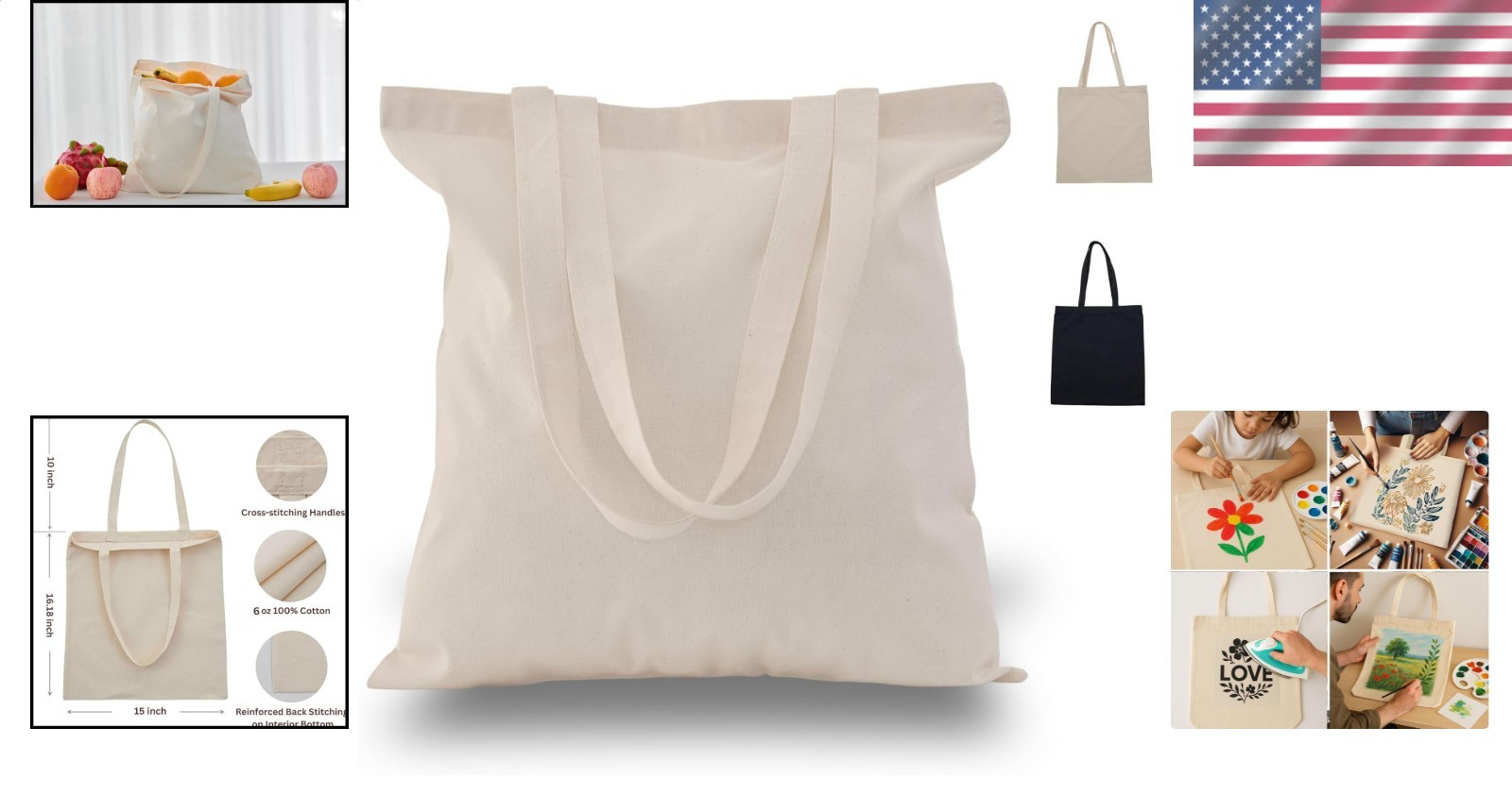 Canvas Tote Bag 15×16, Bulk Reusable Cotton for Grocery DIY Crafts 2 6 12 Pack