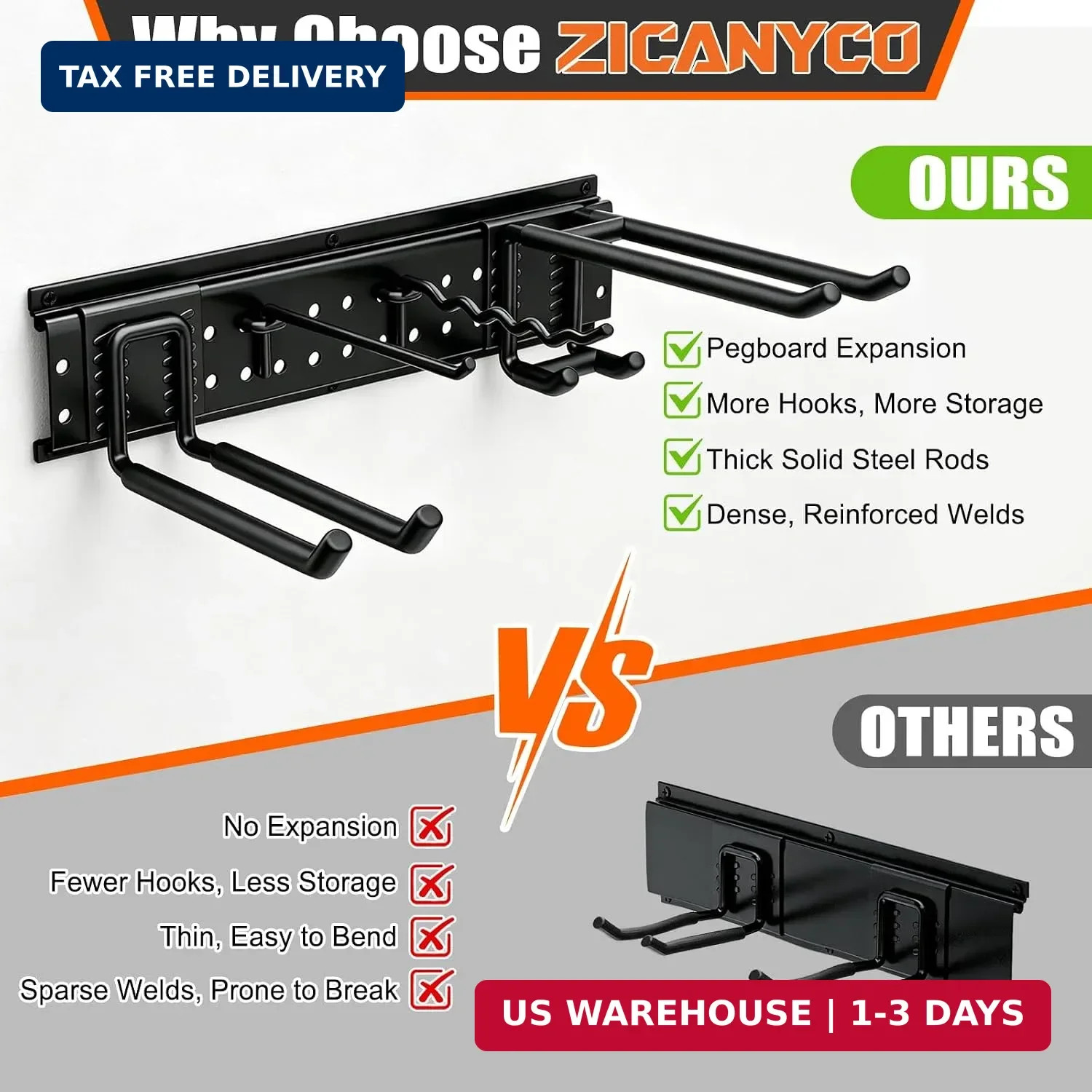 Garage Tool Organizer Wall Mount 66 inches with 13 Adjustable Heavy-Duty Hooks,