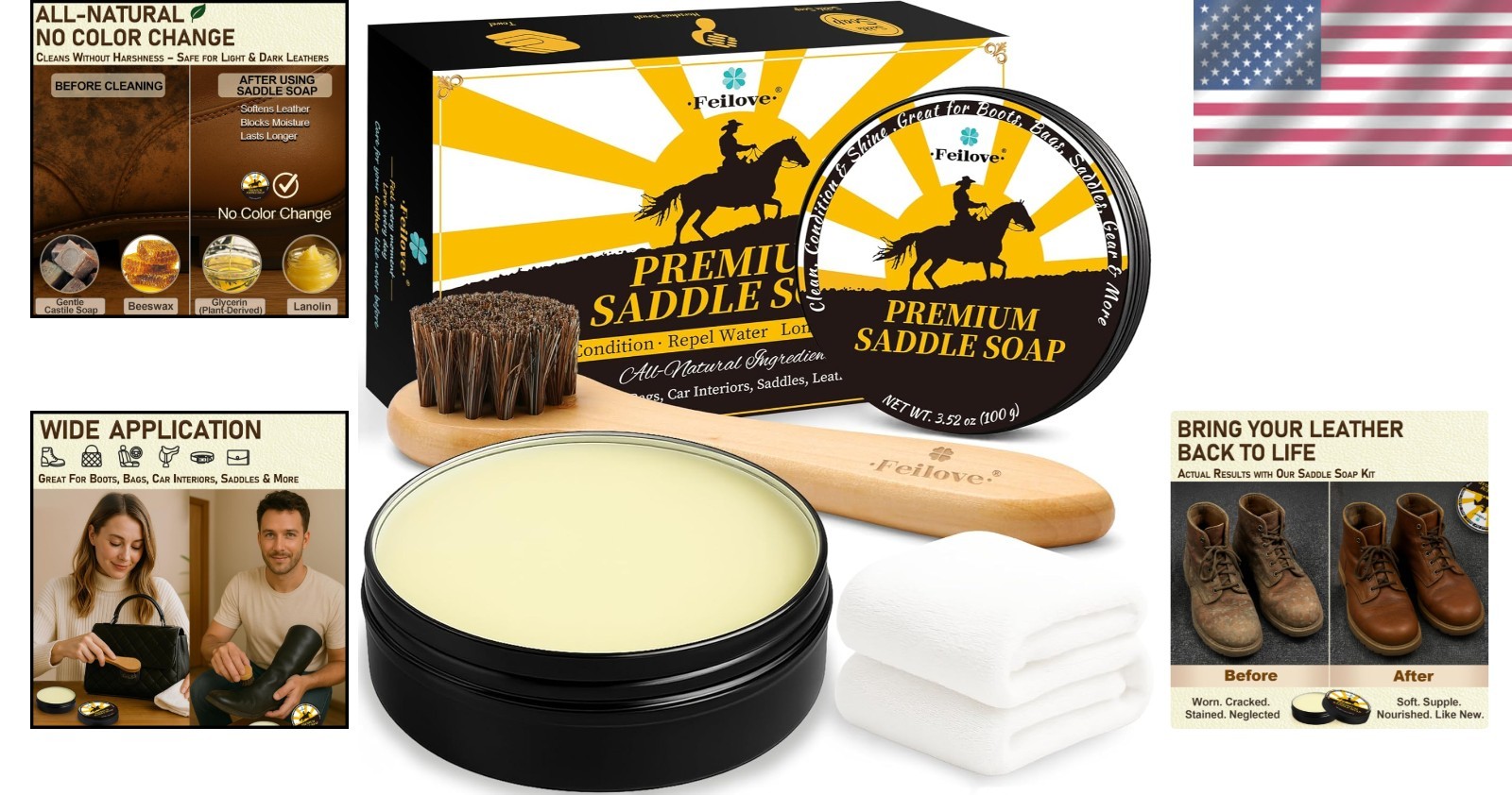 Essential Leather Care 3-in-1 Kit with Saddle Soap, Brush & Cloth – 3.52oz
