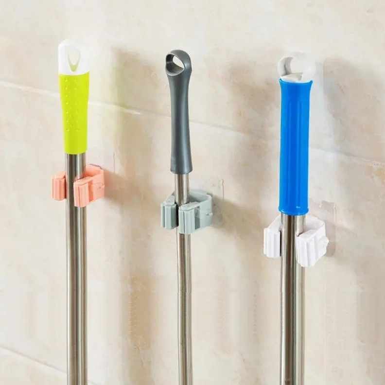 4pcs Wall Mounted Adhesive Mop Broom Clip Holder for Kitchen & Bathroom