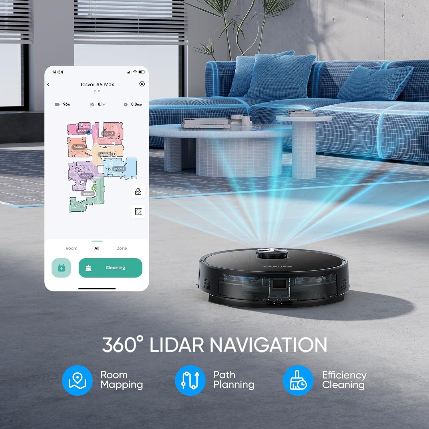 Tesvor S5 Max Robot Vacuum and Mop, 6000Pa Suction, 260 Mins Runtime Self-Charge