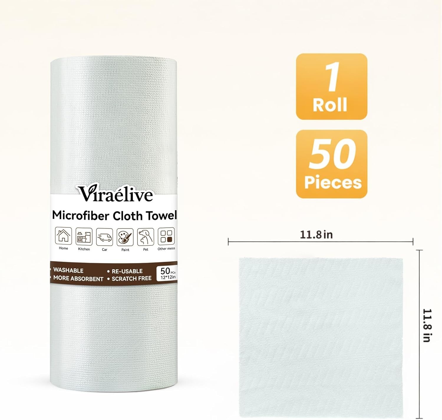 Microfiber Cleaning Cloth Roll, 50 Tear-Away Sheets, Reusable & Washable, Lin…