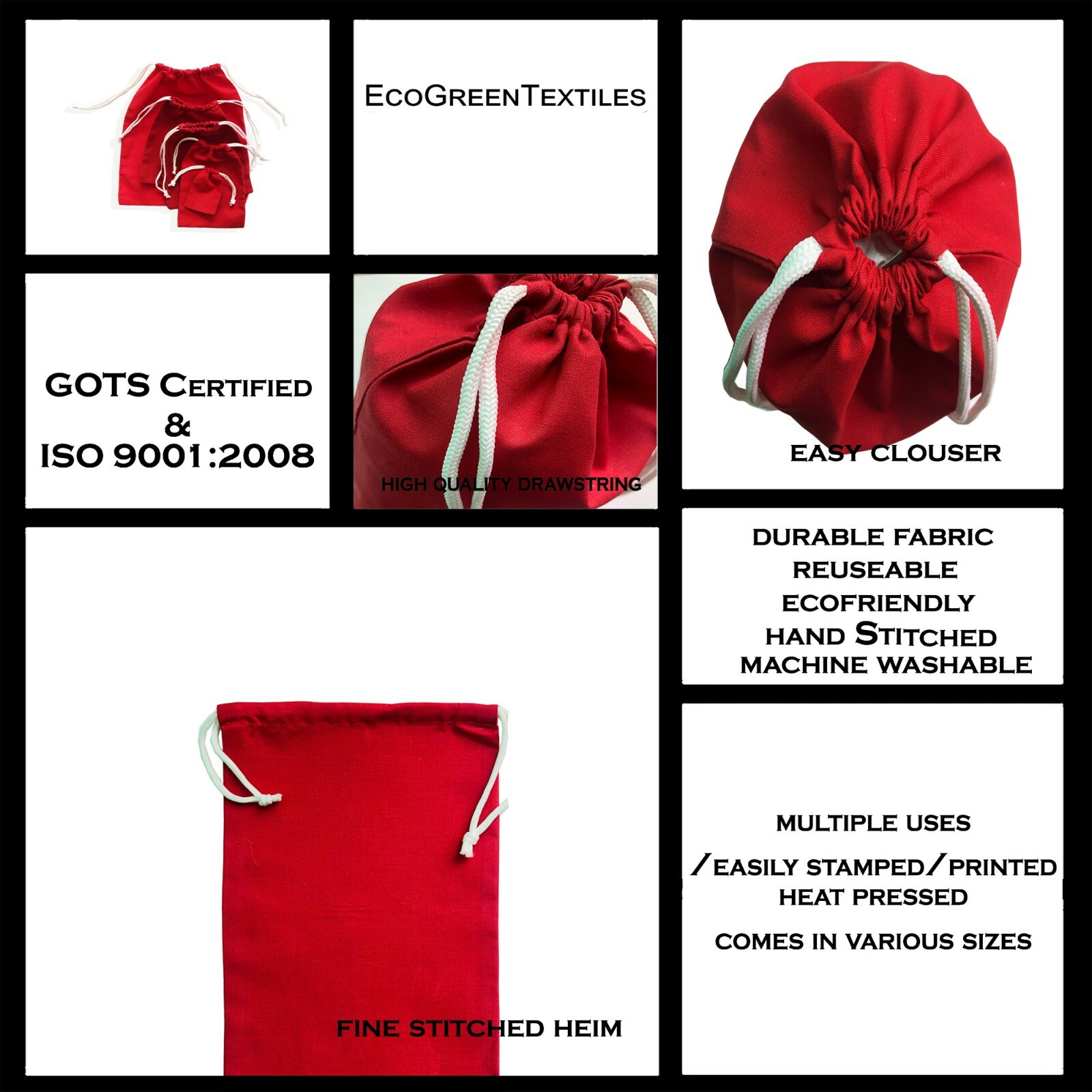 Red Poly – Cotton Bags, Reusable Produce Bags, Single Drawstring – lot
