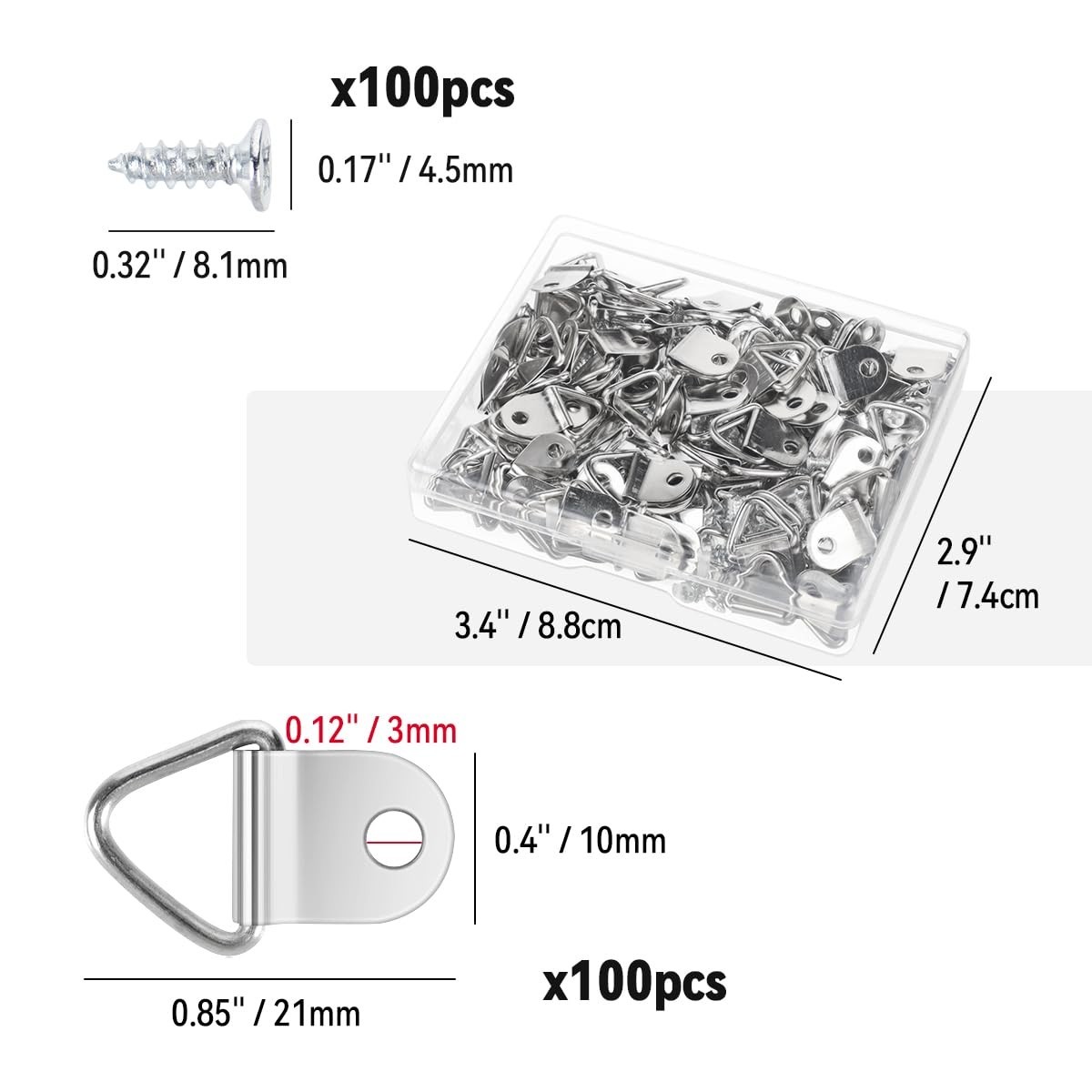100Pcs D Rings Frame Hooks for Picture Hanging with Screws for Hard Wall