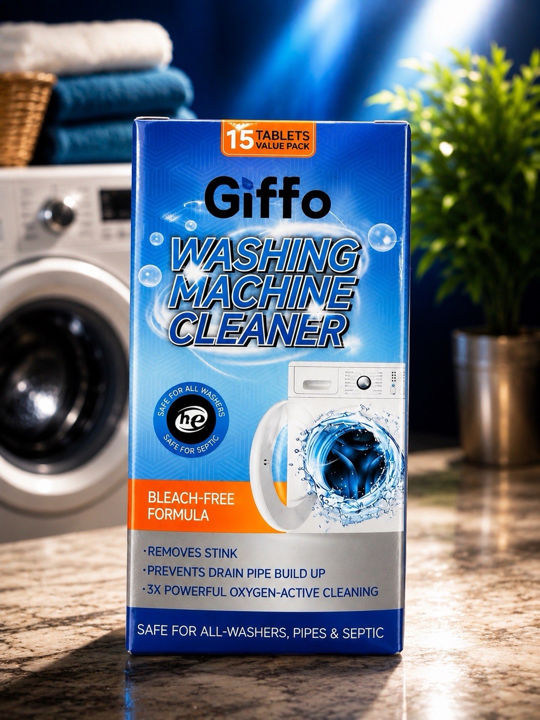 Giffo Washing Machine Cleaner Tablets 15 Count Bleach-Free HE Septic Safe