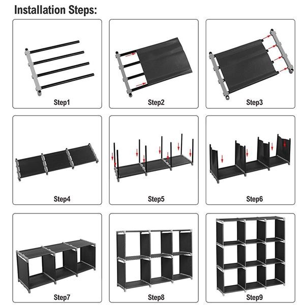 9-Cube Storage Shelf Black Fabric Organizer Unit 3-Tier Assembled Rack