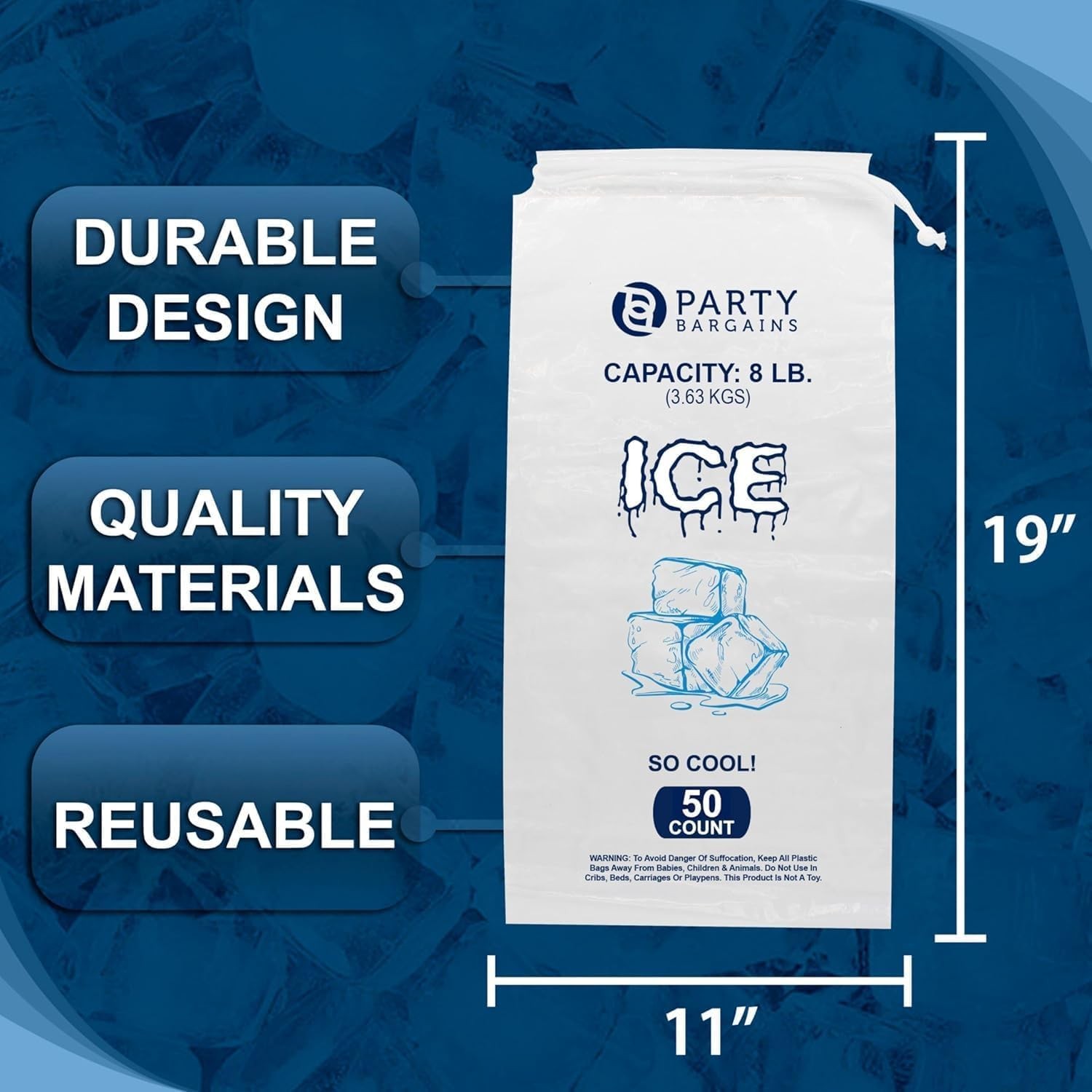 Party Bargains 8 lb Plastic Drawstring Ice Bags 50 Count 19″ x 08 LB, Clear