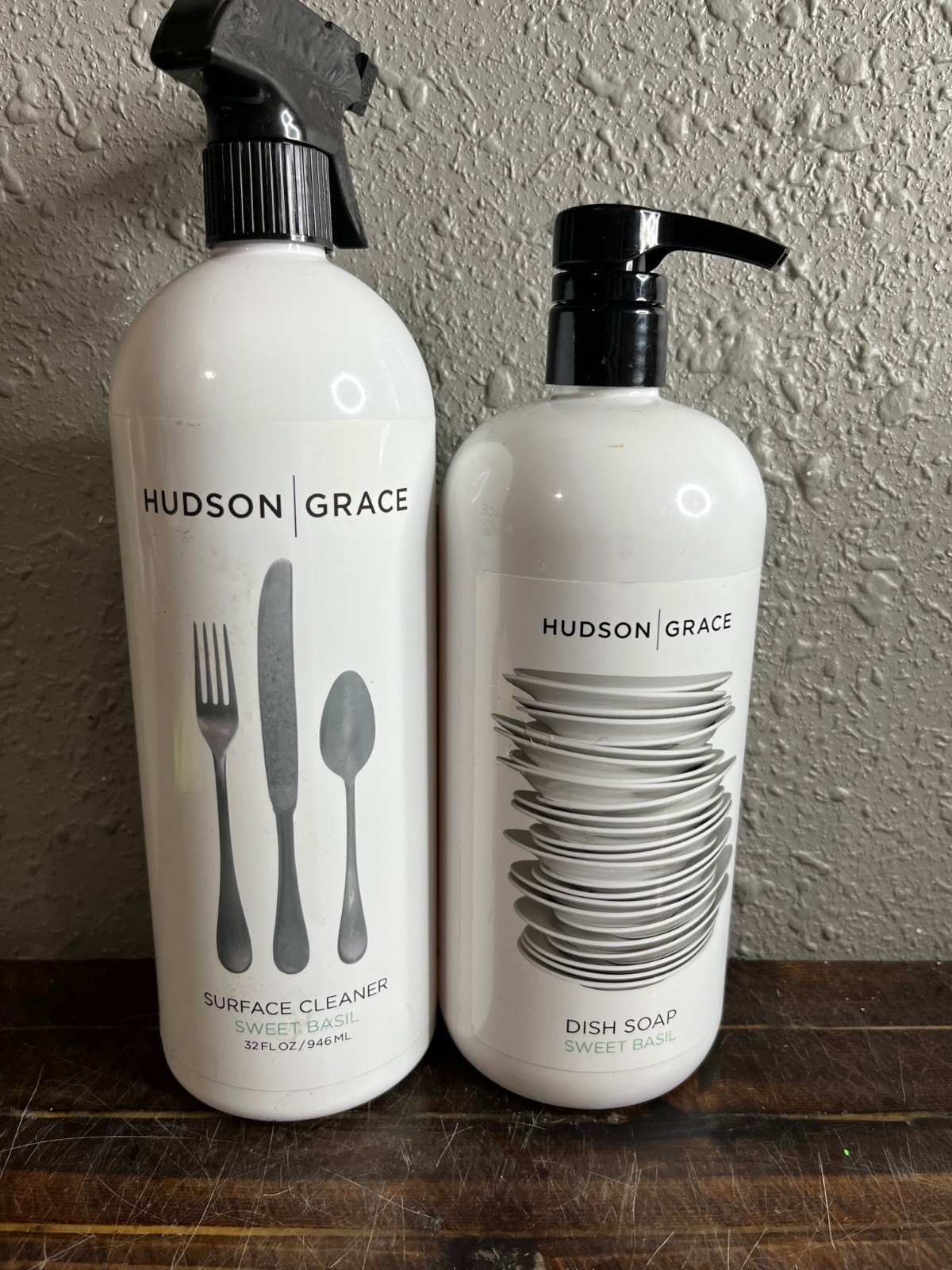 Hudson Grace Surface Cleaner & Dish Soap Set Sweet Basil White Spray Pump 32 oz