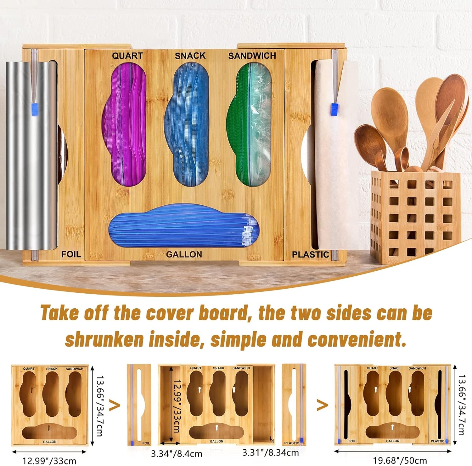 Bamboo Ziplock Bag Storage Organizer Foil and Plastic Wrap Dispenser with Cutter