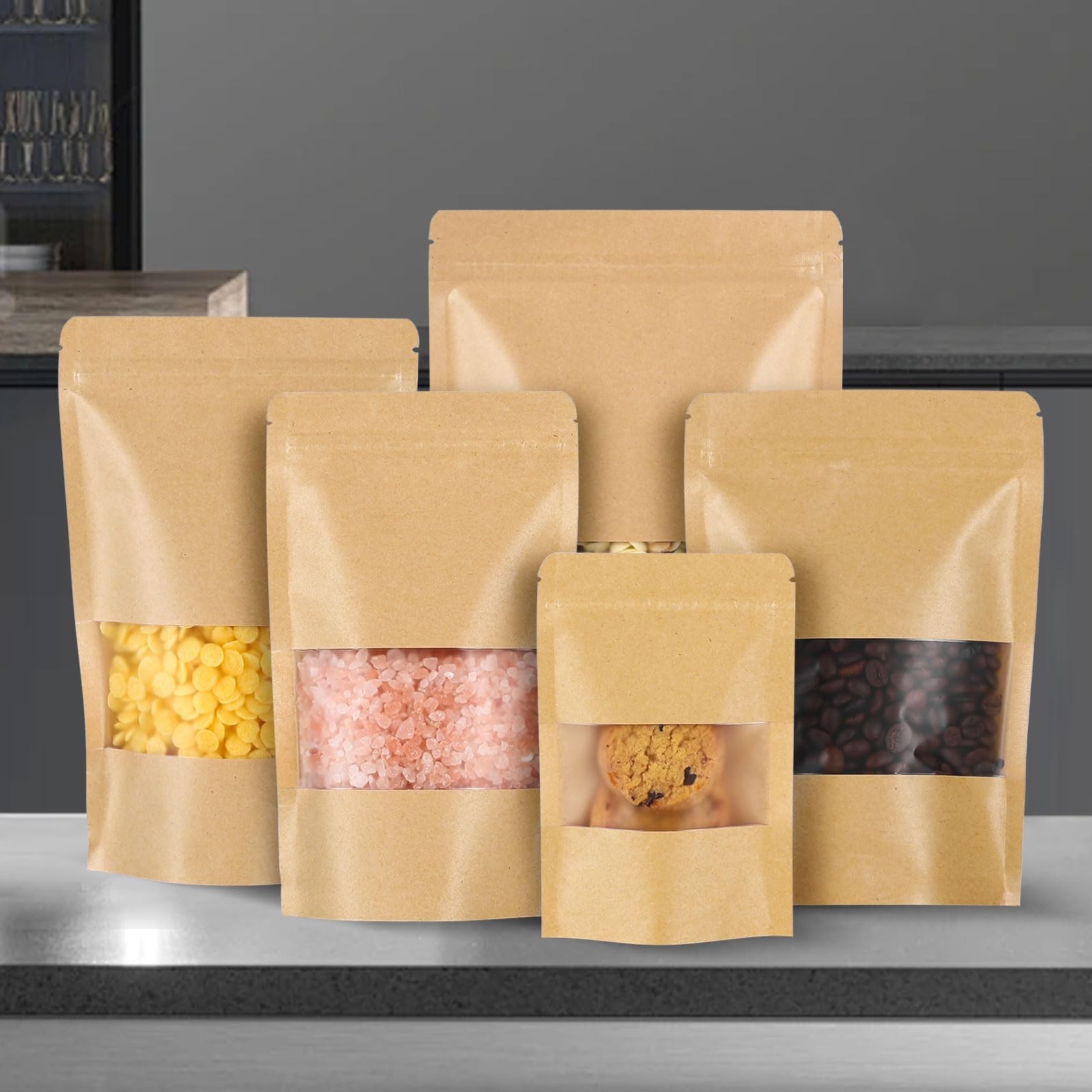 Kraft Paper Bags with Transparent Window, Stand Up 100Pcs-5.5″x7.8″, Brown