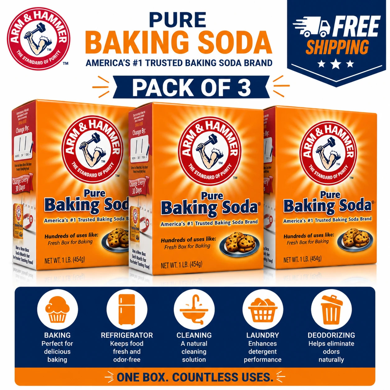 3 PACK Arm & Hammer Baking Soda, 1 Pound each FREE SHIPPING