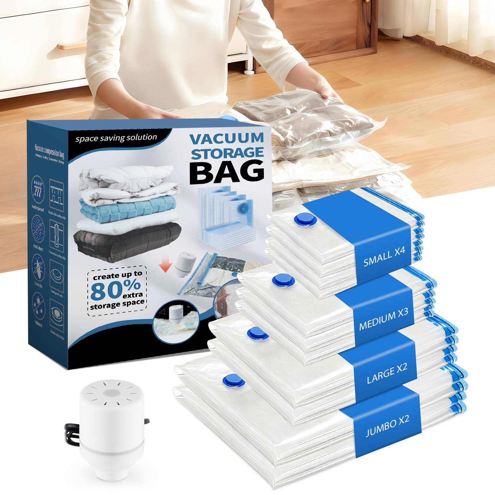 Vacuum Storage Bags with Electric Pump 4 Sizes Space Saver For Clothes, 11-PACK