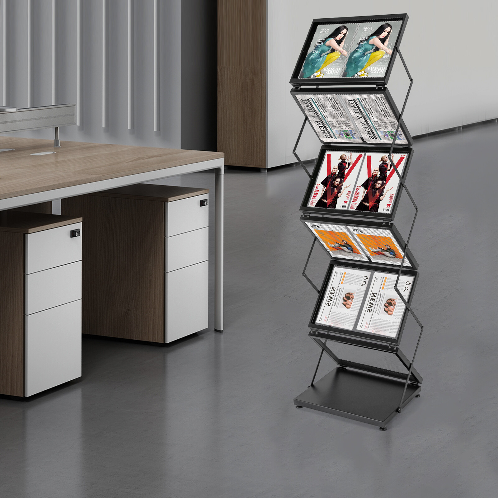 Magazine Rack Double A4 Width with 6 Pockets Magazine Display Stand Foldable
