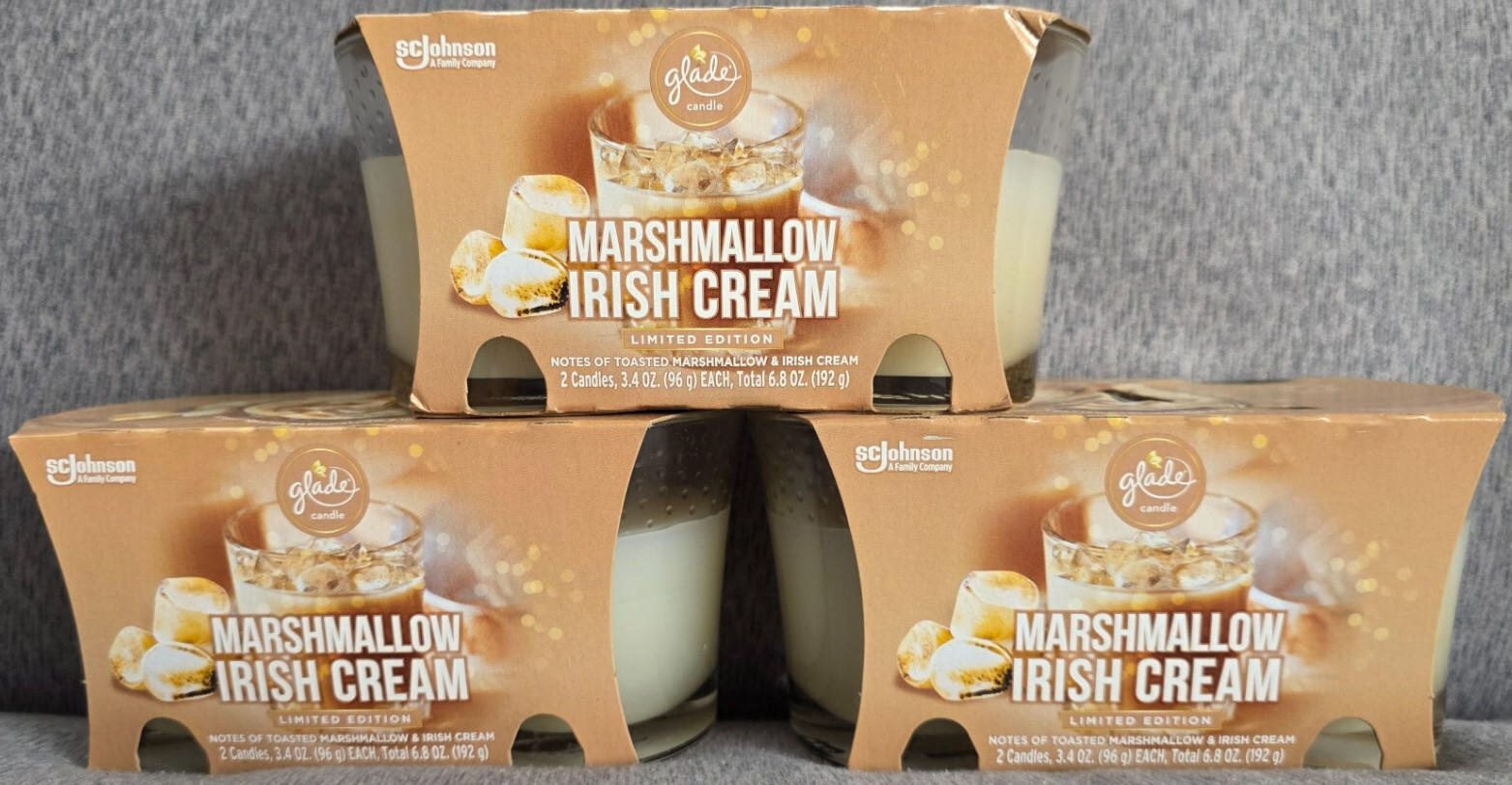 6 Glade Jar Candle MARSHMALLOW IRISH CREAM 3.4 Oz Each Limited Ed Christmas