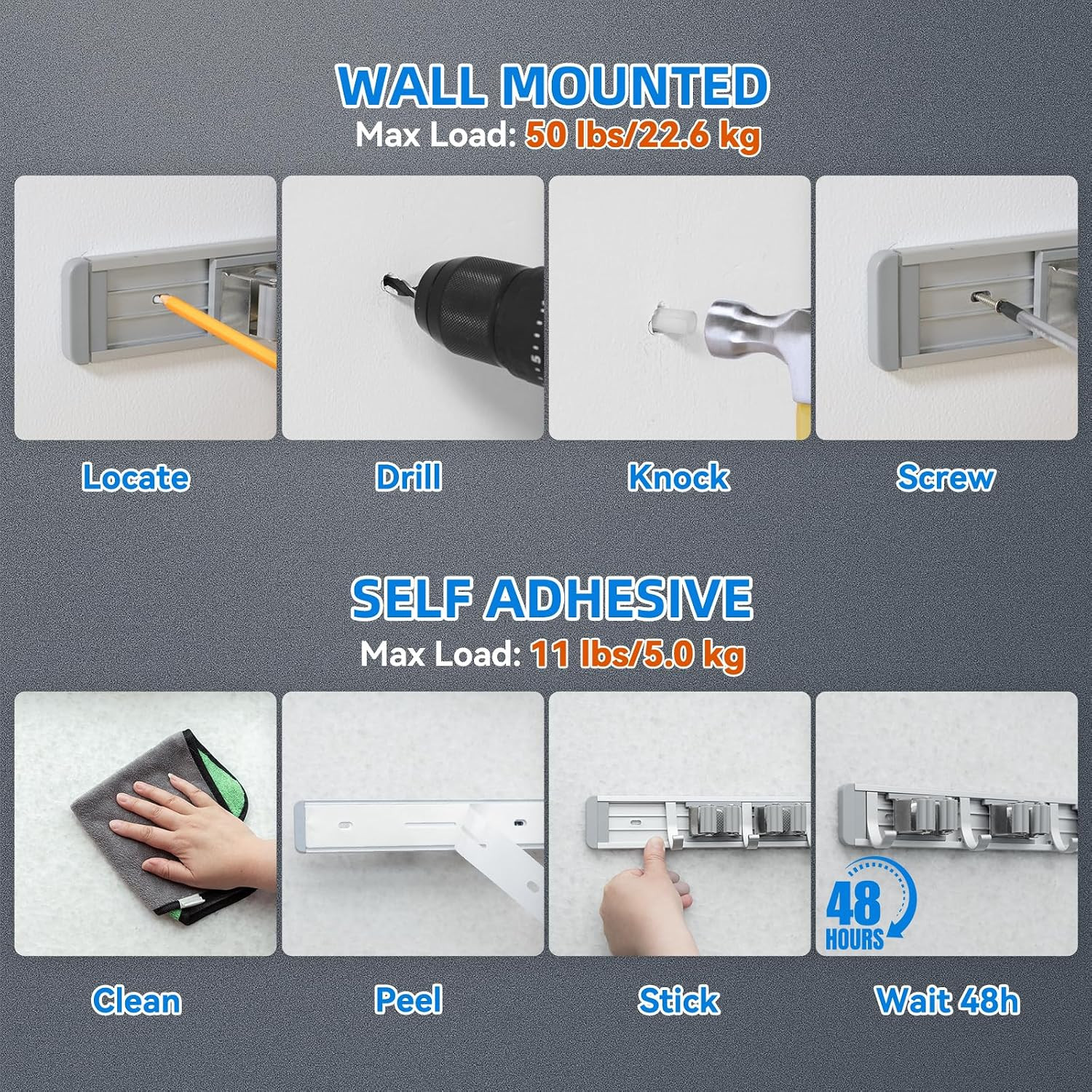 Broom Holder Wall Mount Mop Hanger Tools Organizer 4Racks 5Hooks | Adjustable St
