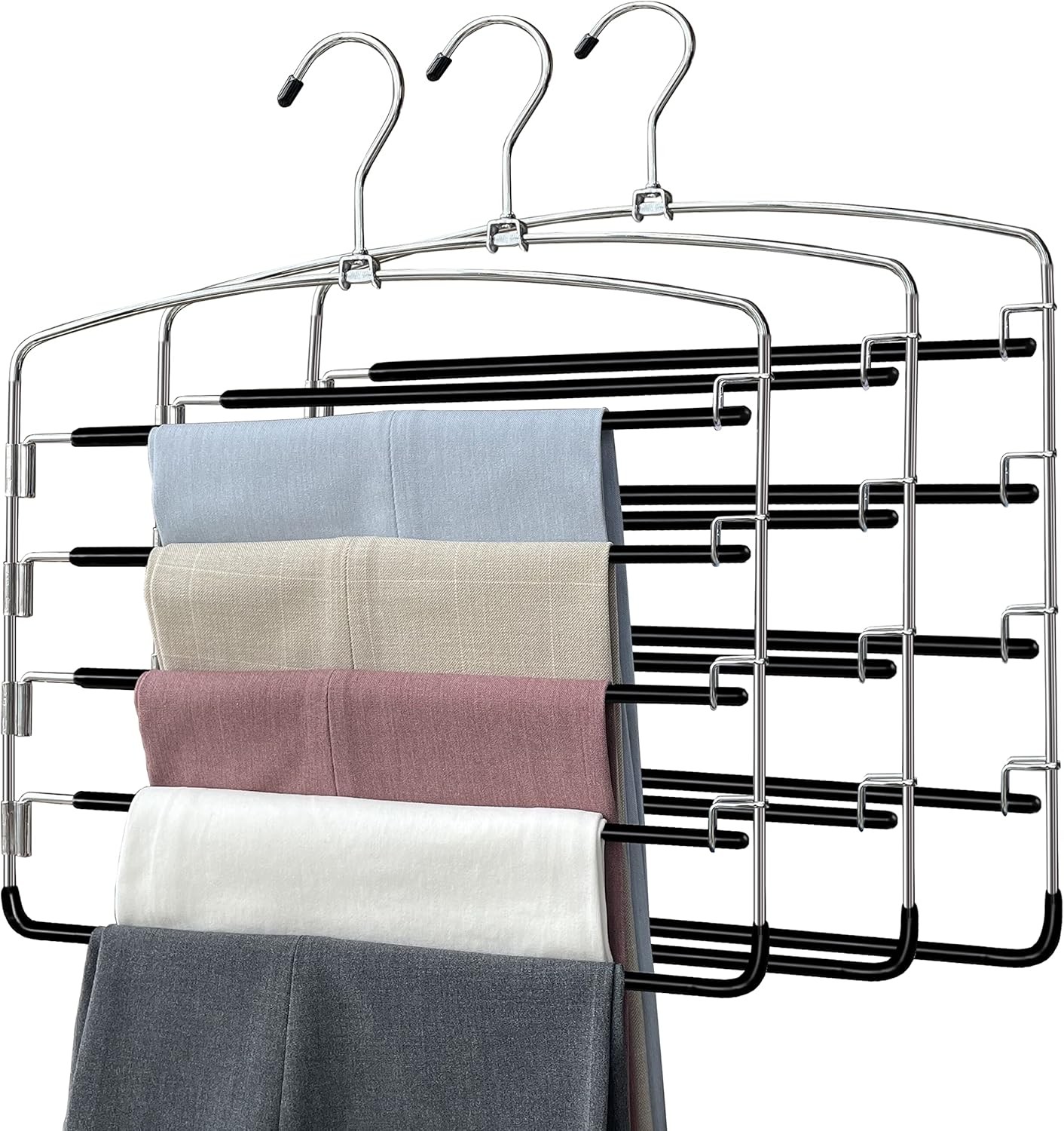 5 Tier Pants Hangers, 3-Pack Metal Space Saving Hangers with Swing Arm for Jeans