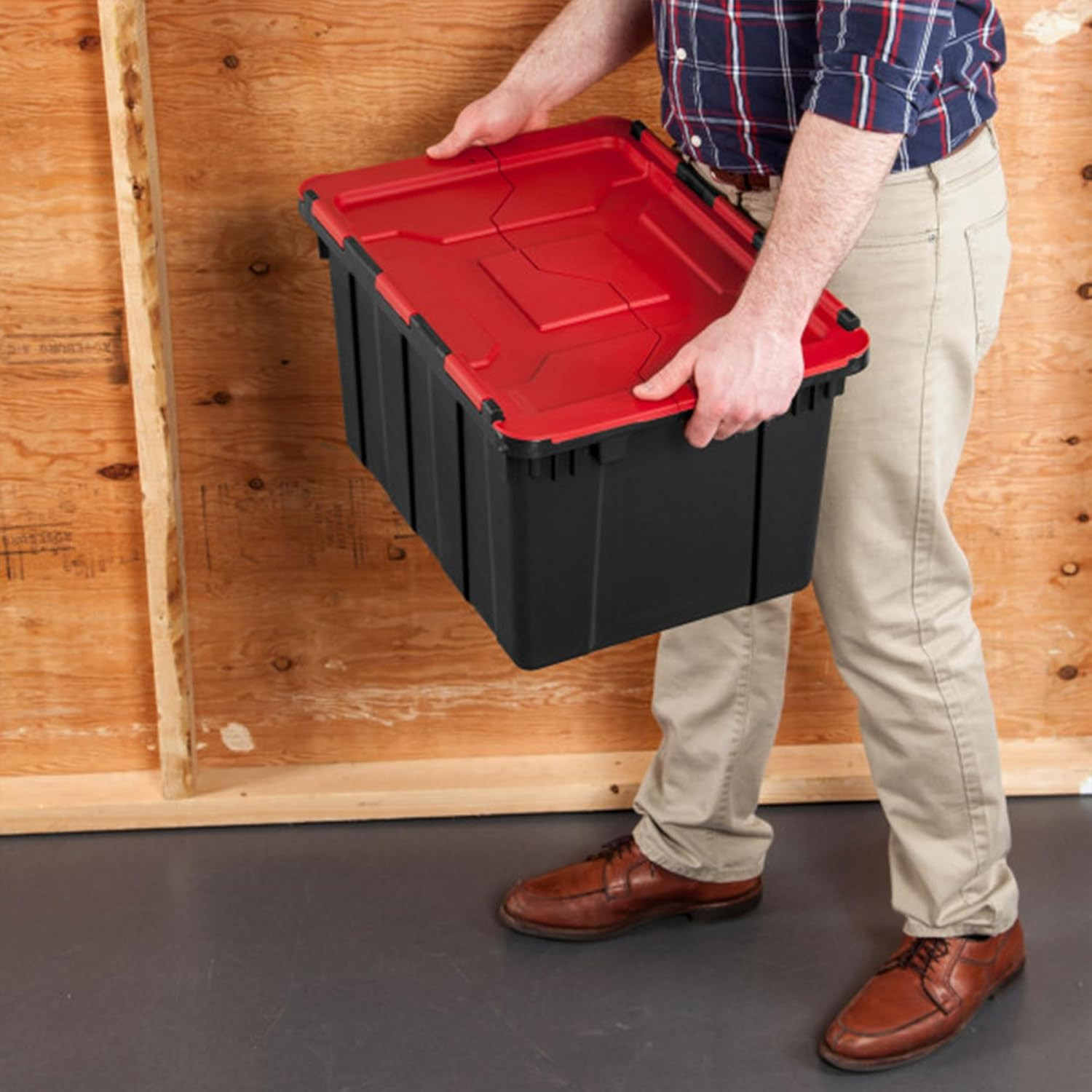 6 Pack Stackable 12 Gal Totes with Hinged Lids – Black/Red Storage Bins