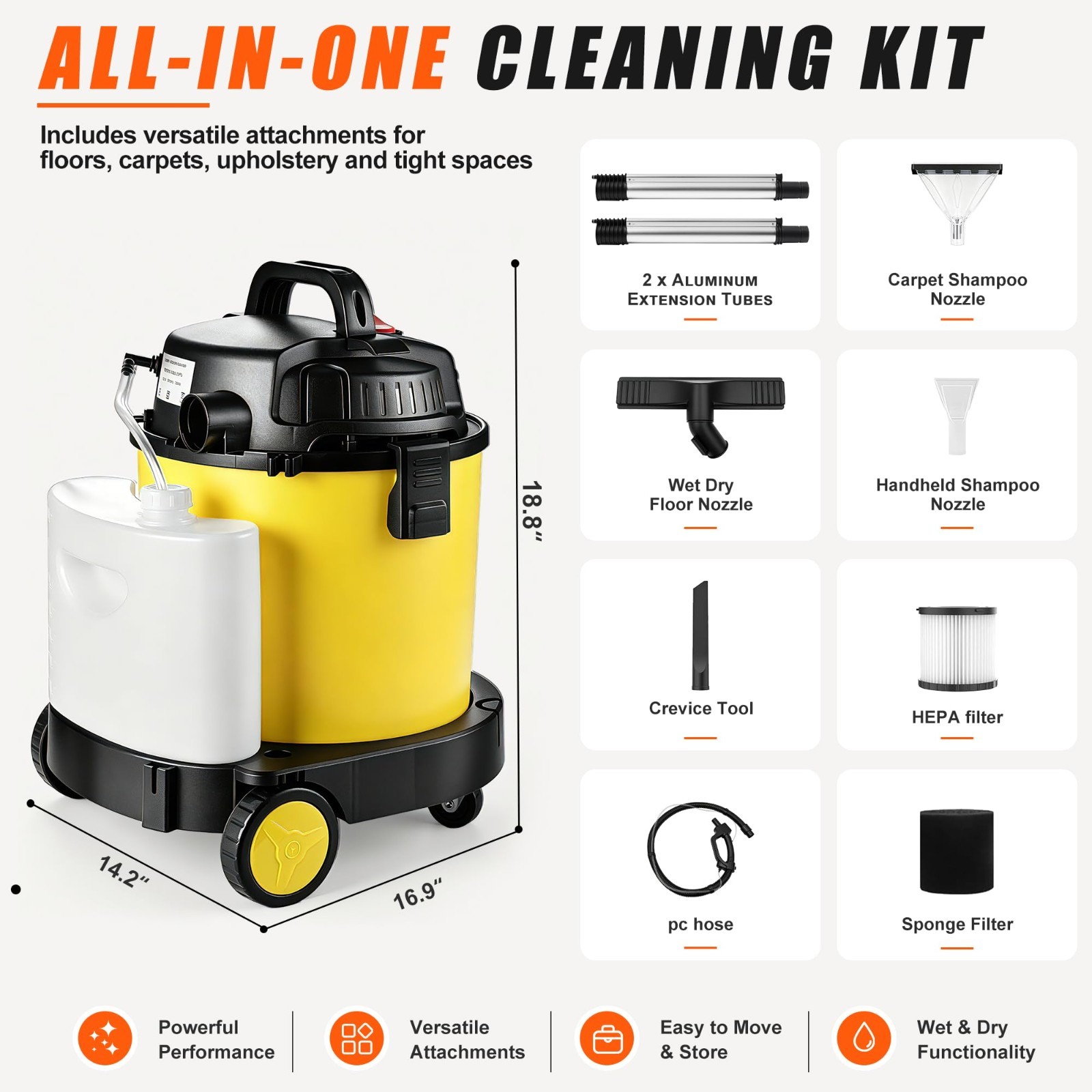 Vacmaster 6 Gallon 5.5HP Wet Dry Car Vacuum Cleaner Upholstery Shampoo 5-IN-1