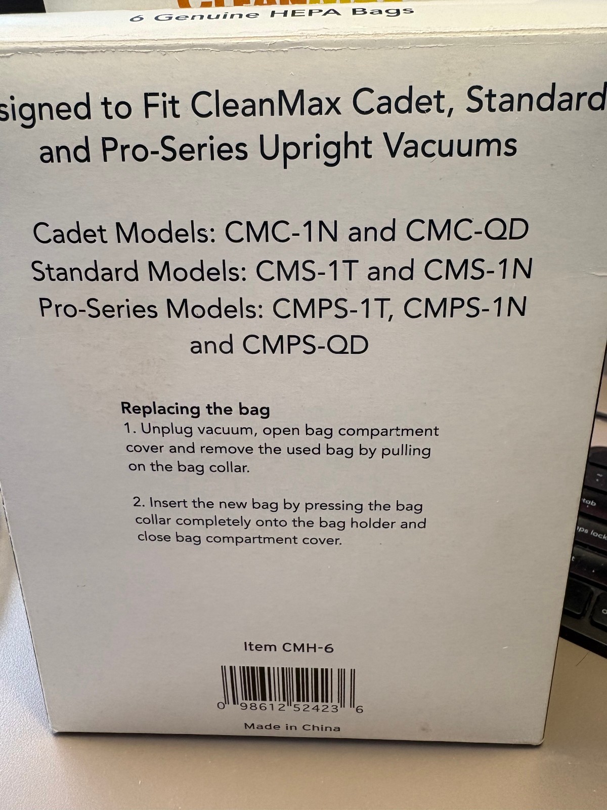 CleanMax CMH-6 HEPA Cloth Vacuum Cleaner Bags Package of 5 + unknown belt
