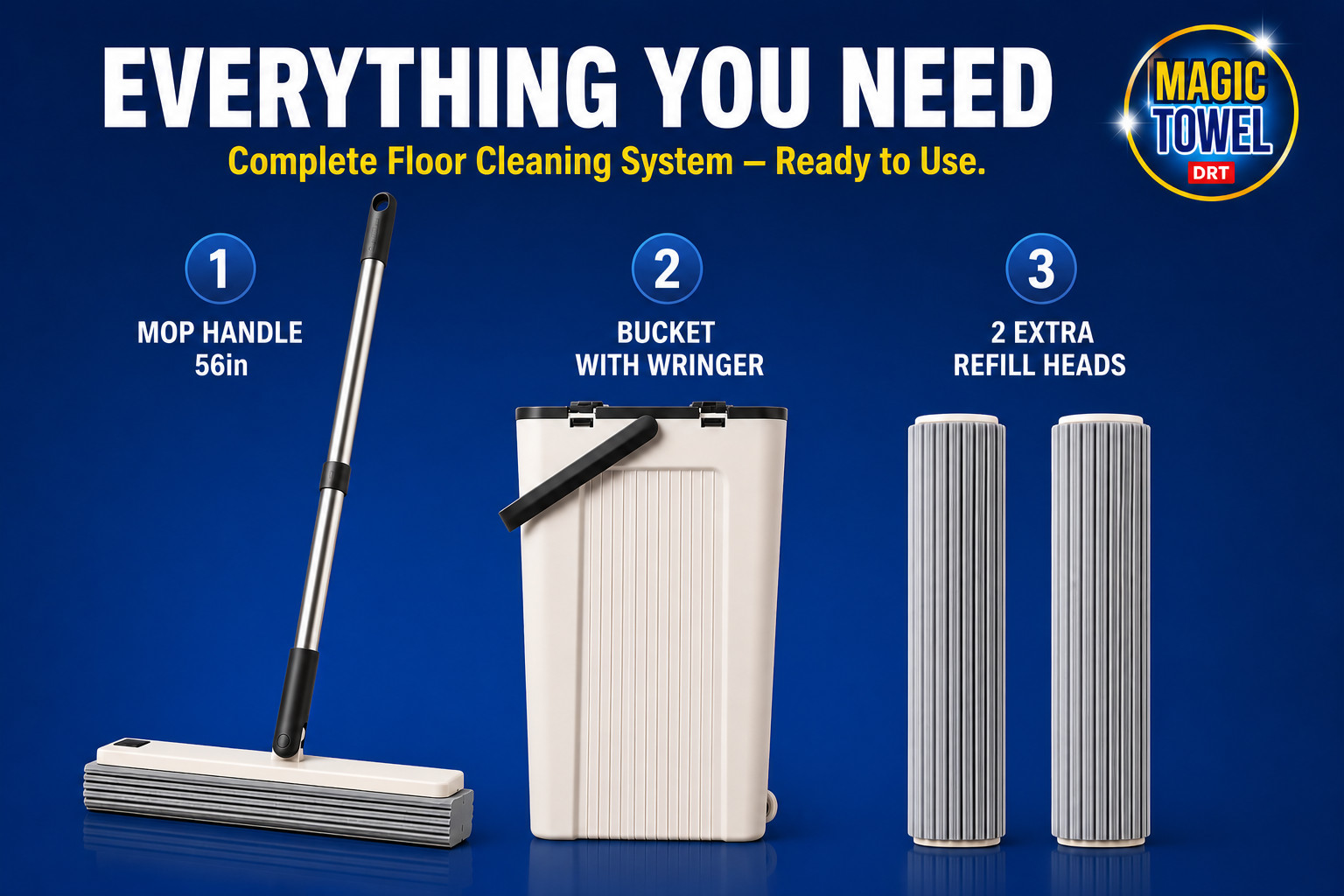 Mop and Bucket Set, 56Inch Pole, Two Mop Head Refills, PVA Mop & Bucket Cleaning