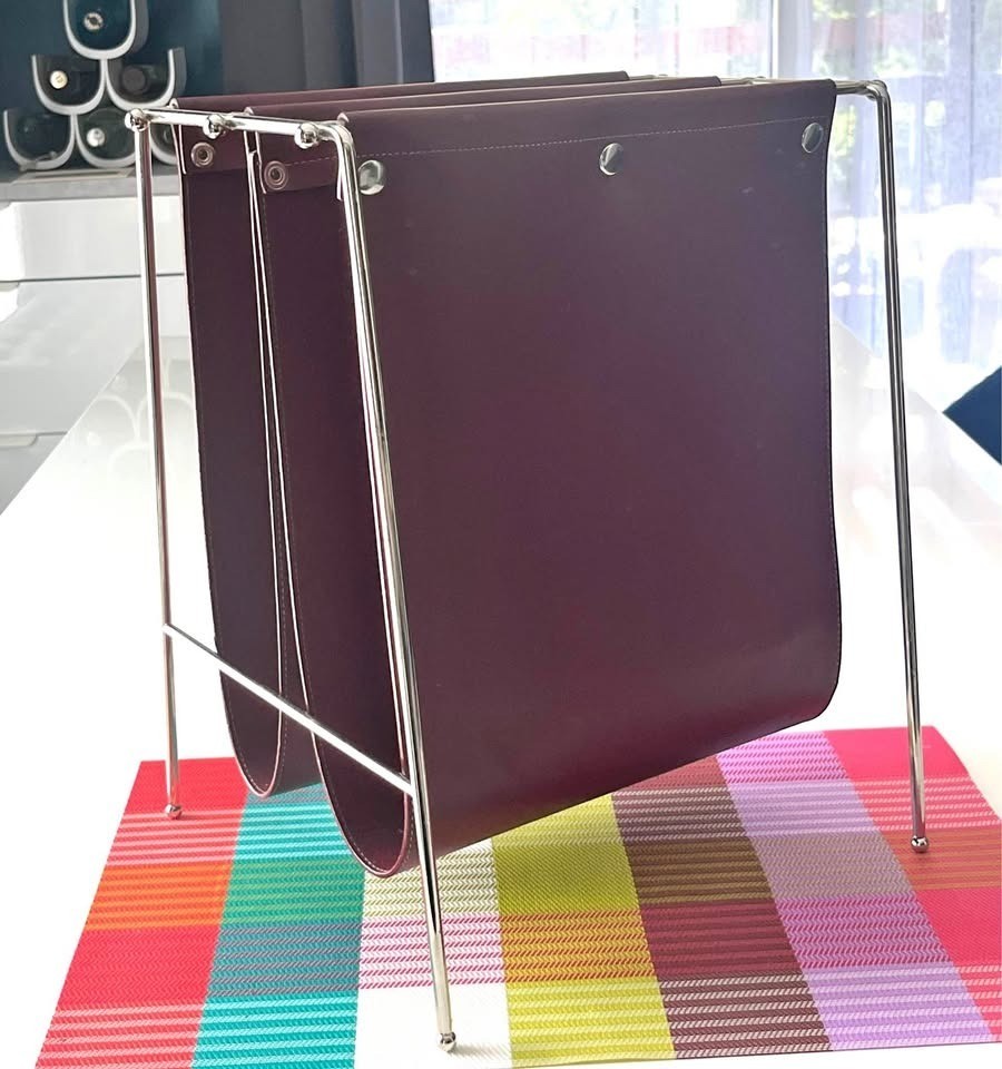 60s Jacques Adnet Style Leather Grain Vinyl Chrome Magazine Rack