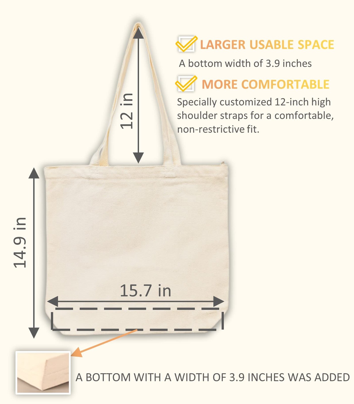 Canvas Tote Bag Pockets Zipper Durable Lightweight Cotton Shopping Cloth Bag Gif