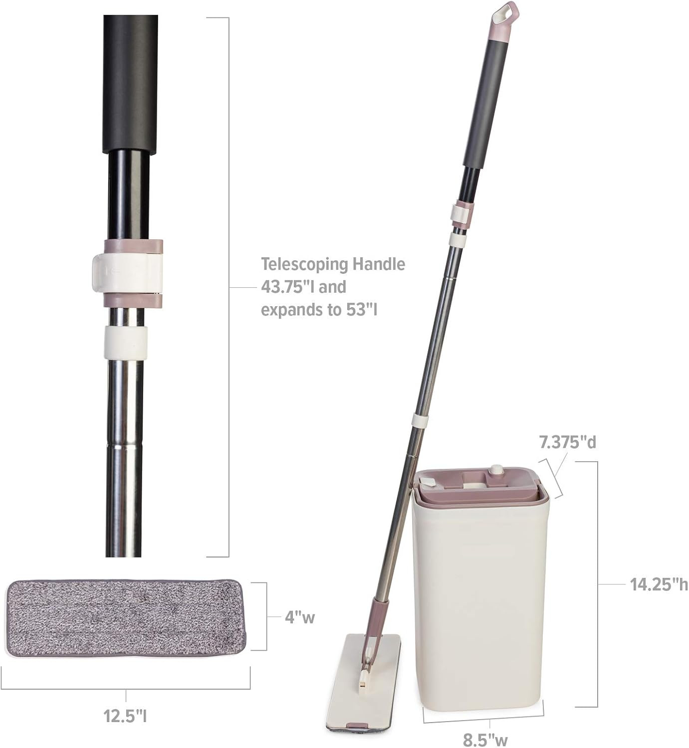 Flat Mop and Bucket Set Self Wringing System 360 Spin Head 3 Microfiber Pads