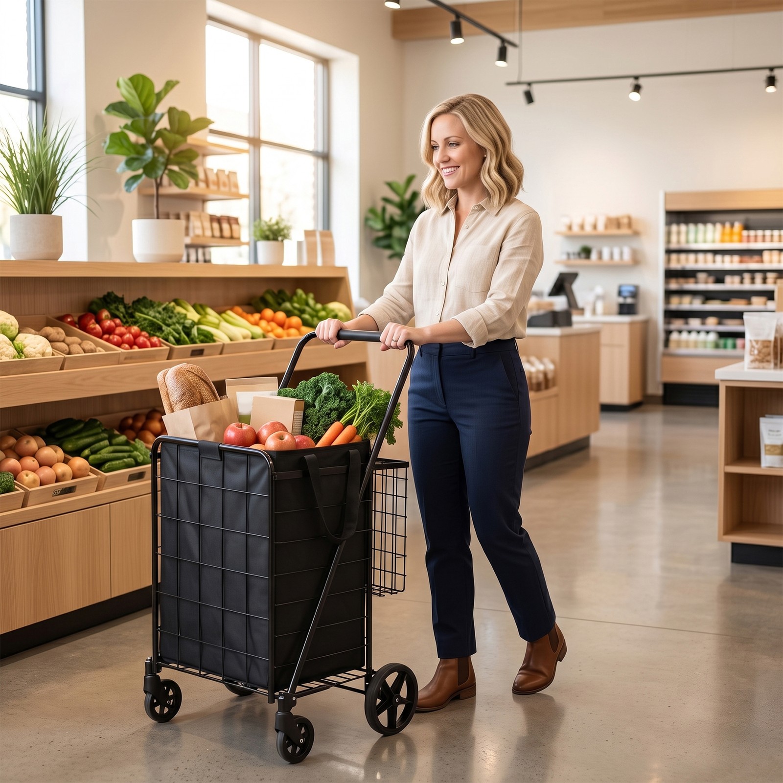 Collapsible Rolling Grocery Cart 88LB Load Capacity w/ Oxford Cloth Liner Black