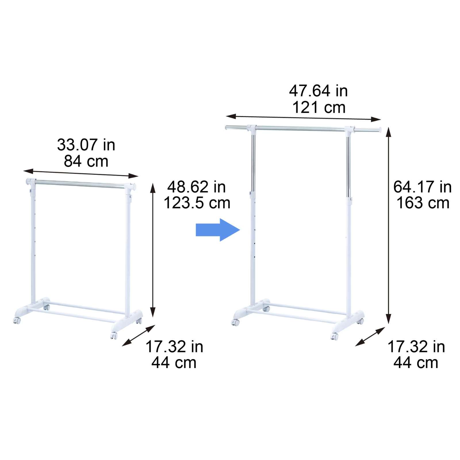 Mainstays Adjustable Metal Rolling Garment Clothes Rack, Chrome & White