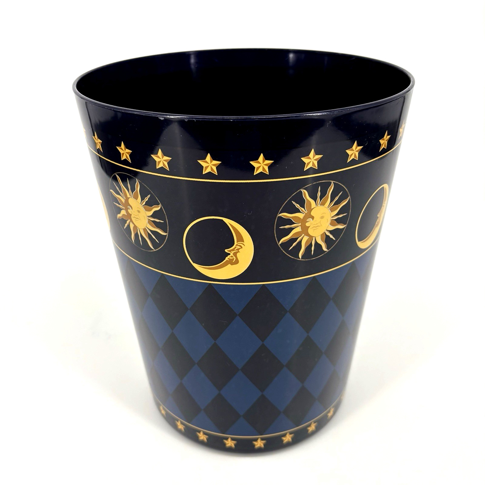 Celestial Night Sky Waste Basket Trash-Can Moon Star Sun Navy Blue VTG