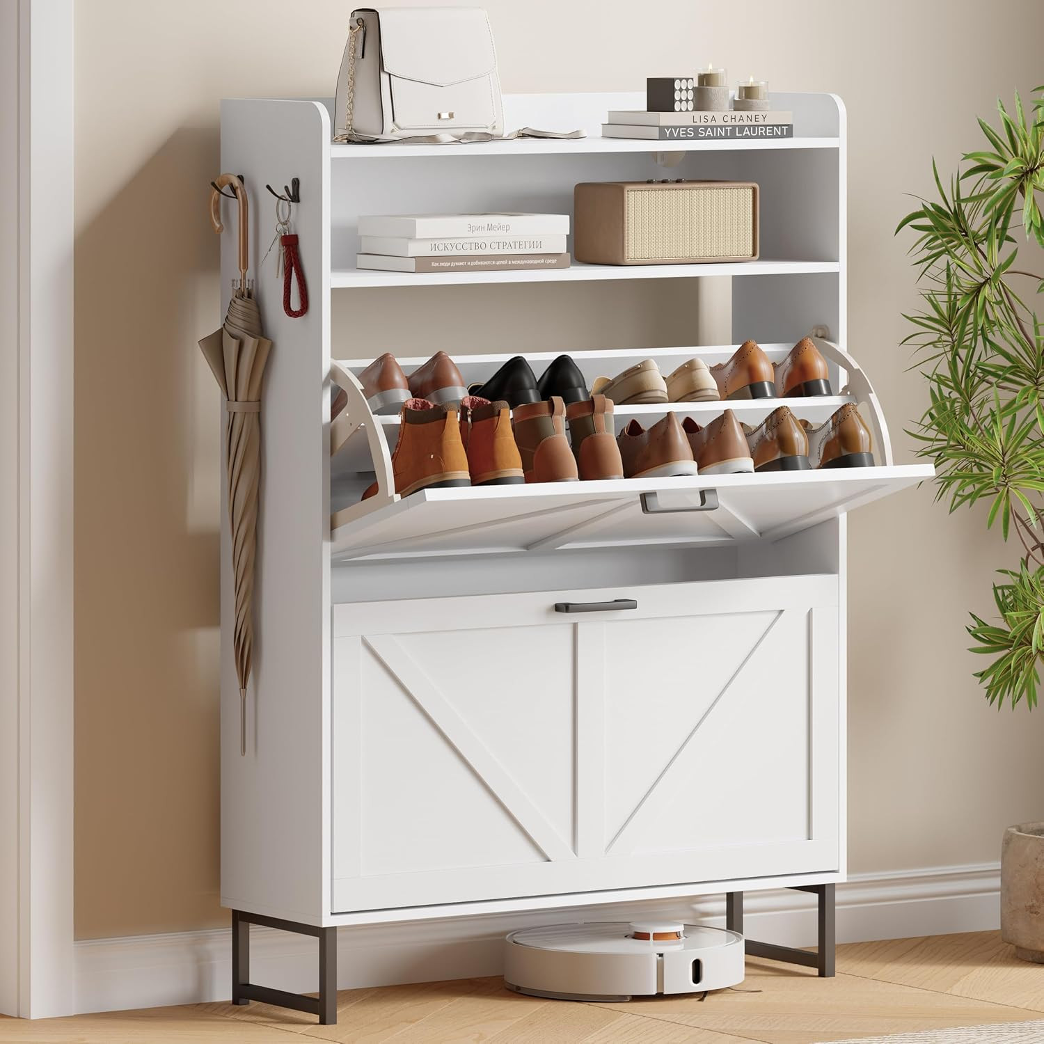 Shoe Cabinet with 2 Flip Drawers, Freestanding Hidden Shoe Storage Organizer for