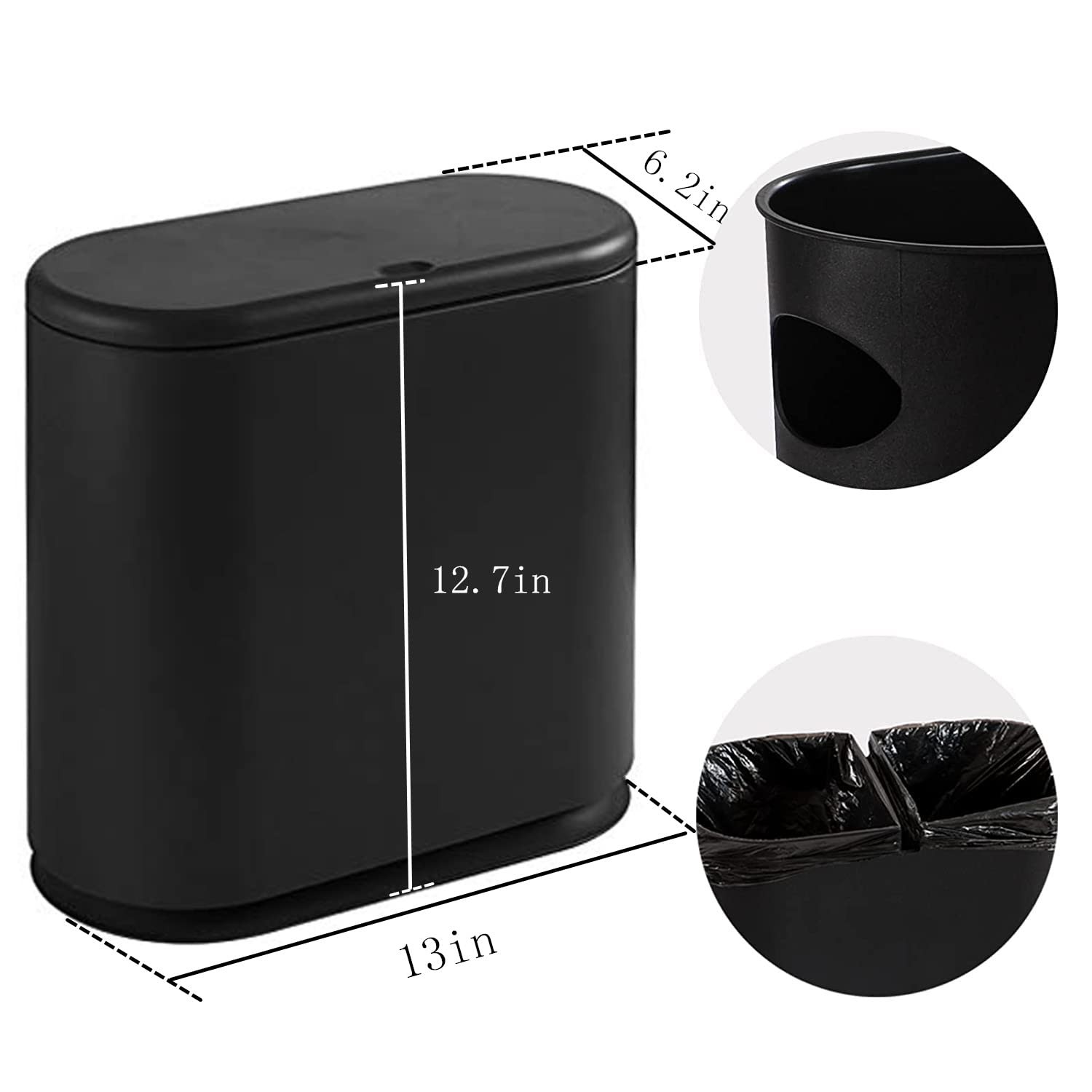 White 12L 2.7 Gallon Slim Plastic Bathroom Trash Can Press Lid Dog Proof