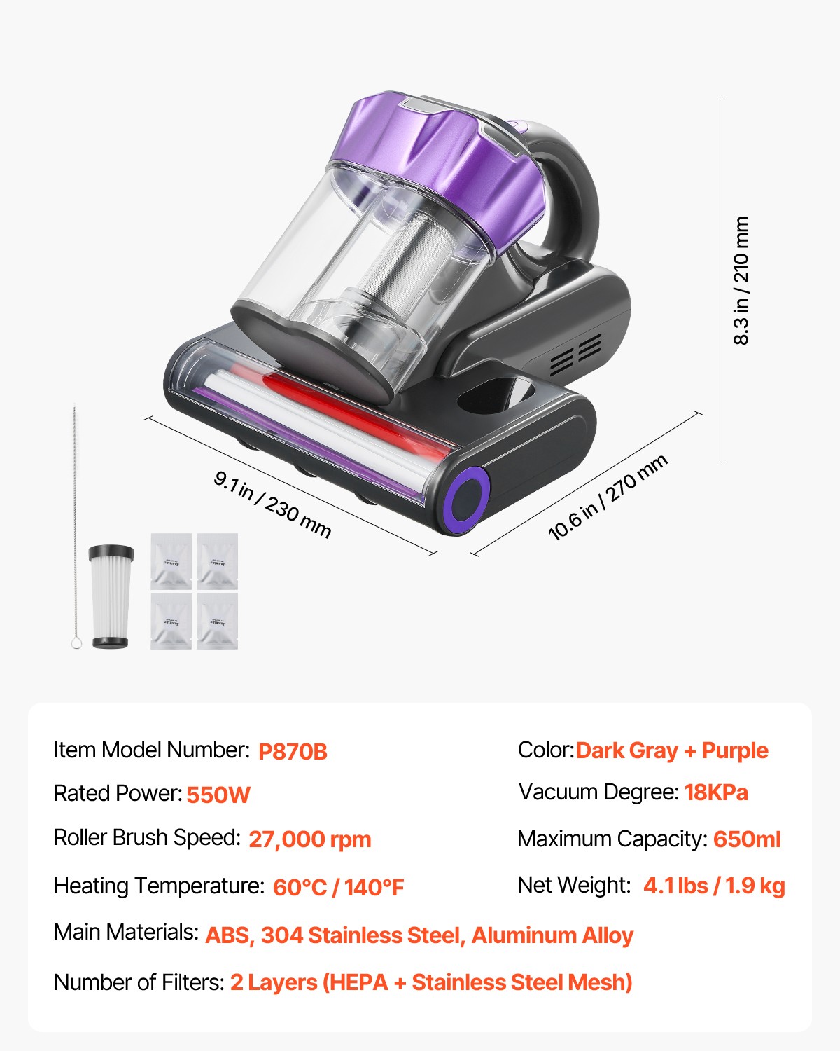 Mattress Vacuum Cleaner with 18Kpa Powerful Suction HEPA Filter 550W Gray