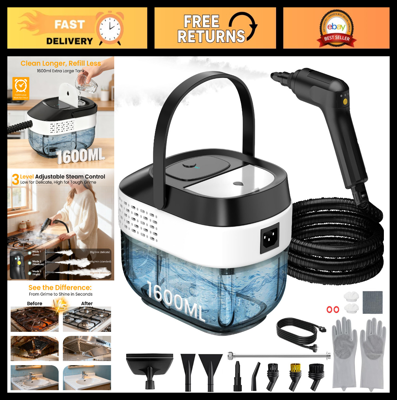 Powerful 2500W Handheld Steam Cleaner – 1.6L, 10s Heat-up, 19 Accessories, Chemi