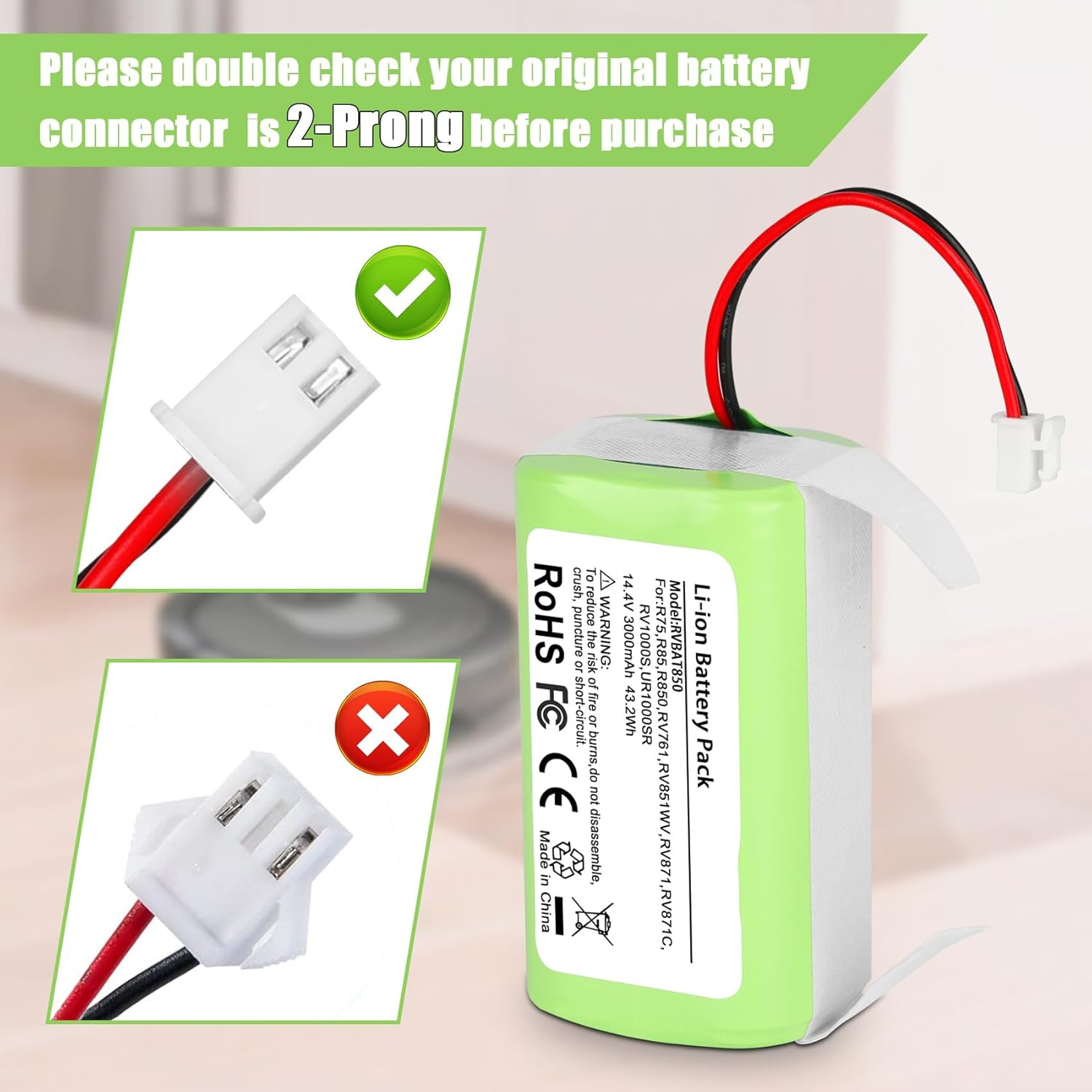 NEW RVBAT850 Battery for Shark Ion Robot Vacuum RV1001AE R75 14.4V 2-Prong