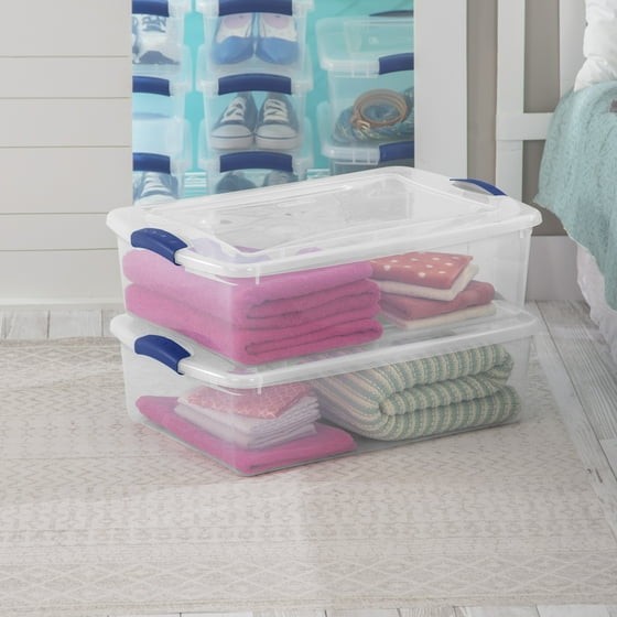 Sterilite 32 Quart Latch Box, Clear Plastic Storage Bin with Lid, Blue Latch