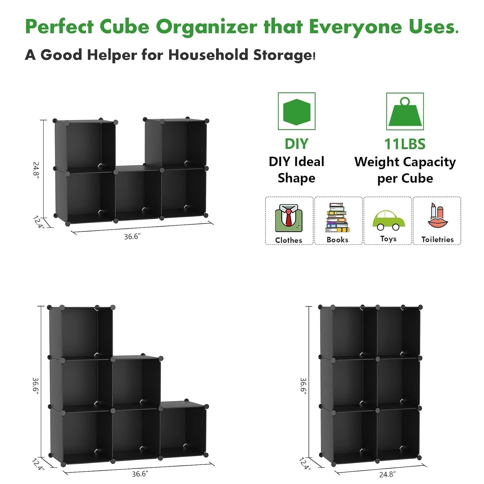 C&AHOME 6-Cube Storage Organizer Black | Stackable Modular Shelving Unit