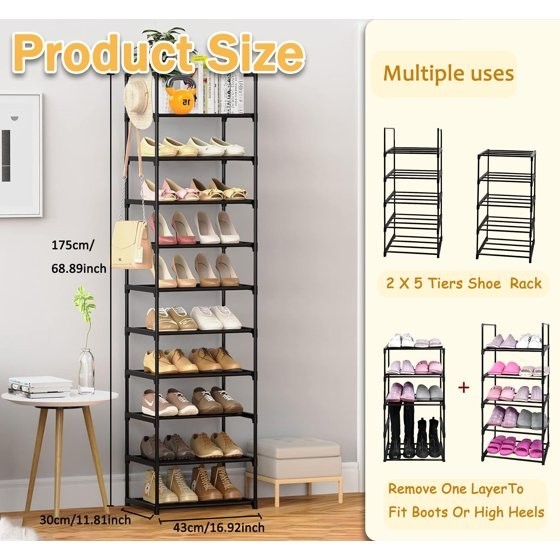 10 Tier Metal Shoes Rack, Stackable Shoe Organizer, Space-Saving Shoe Shelf Shoe